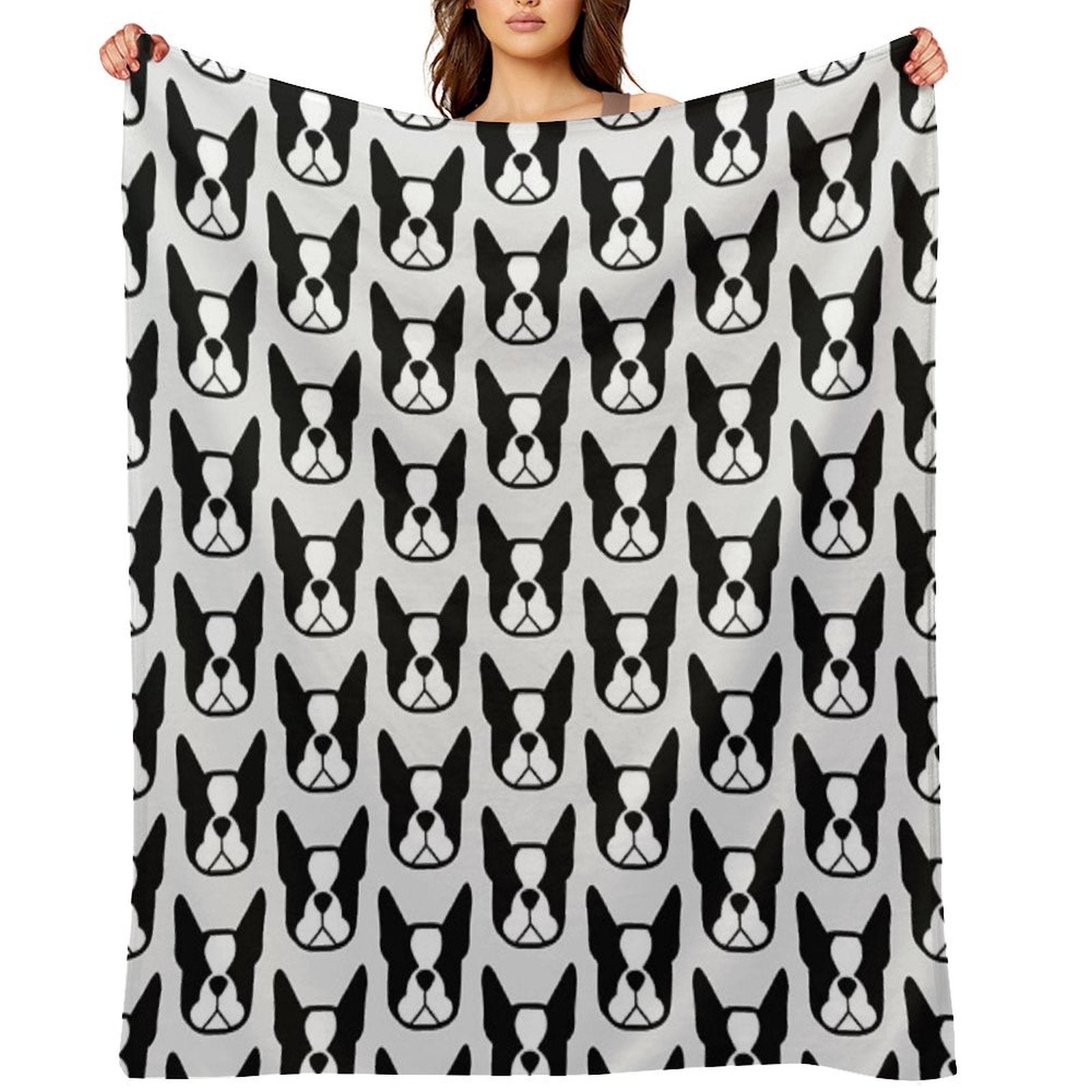 Boston Terrier Face in Black And White - Bold Boston Silhouette - Copyright Smooshface United - Boston Terrier Gift Machine-washable Throw Blanket
