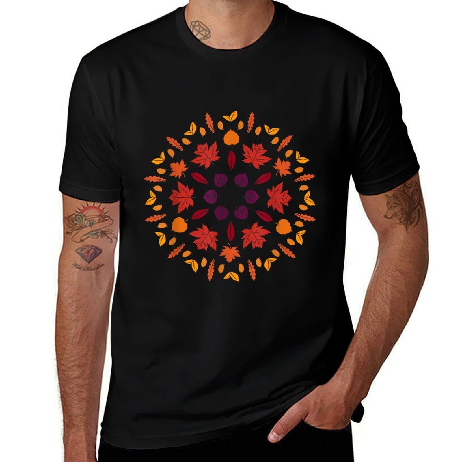 Autumn Sun Fall Sun Colorful Fall Leaves Sun Pattern  Polyester Blend T-Shirt
