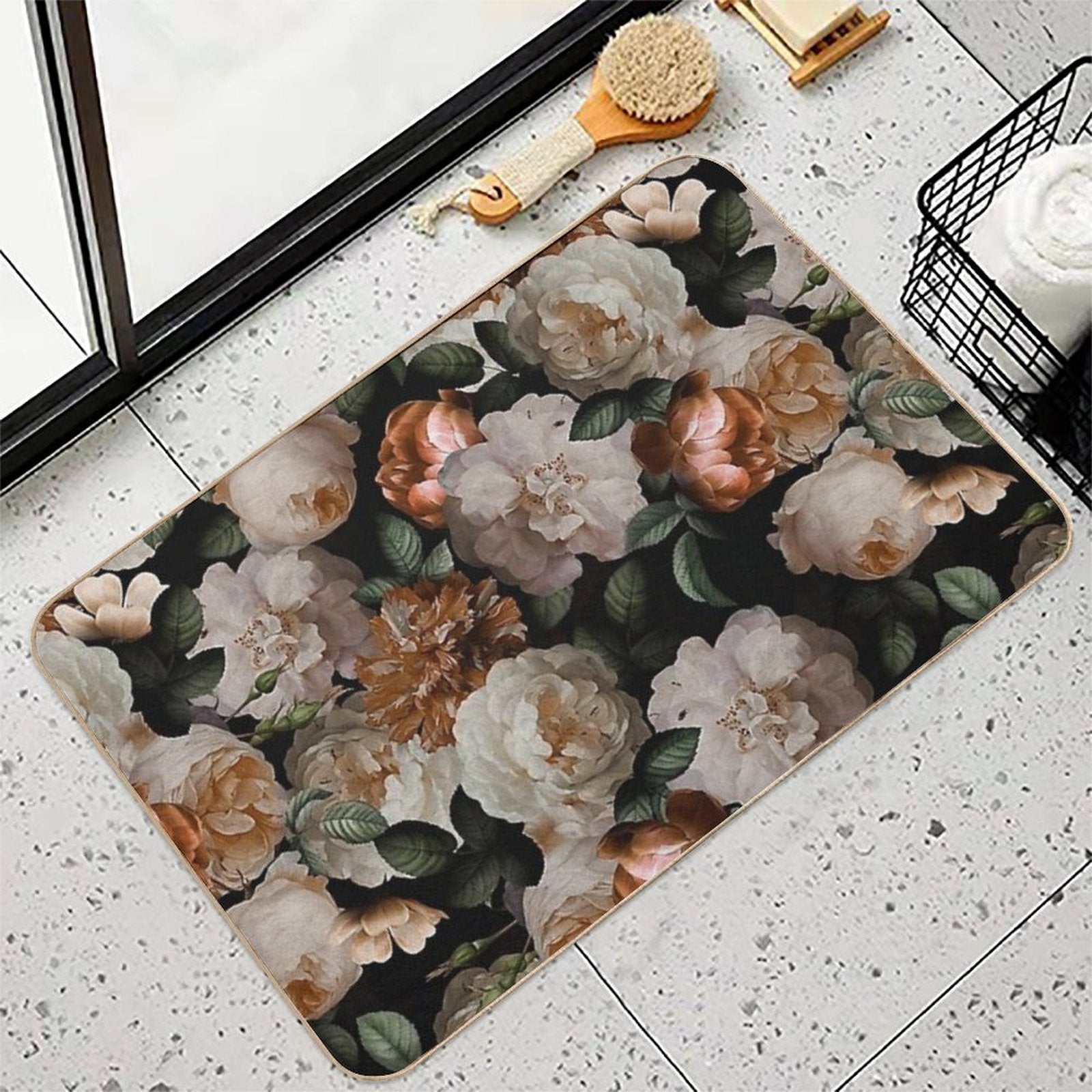 Antique Jan Davidsz. De Heem Lush Roses Flowers On Black Botanical Night GardenPattern Nightgarden  Slip-Resistant Bath Mat