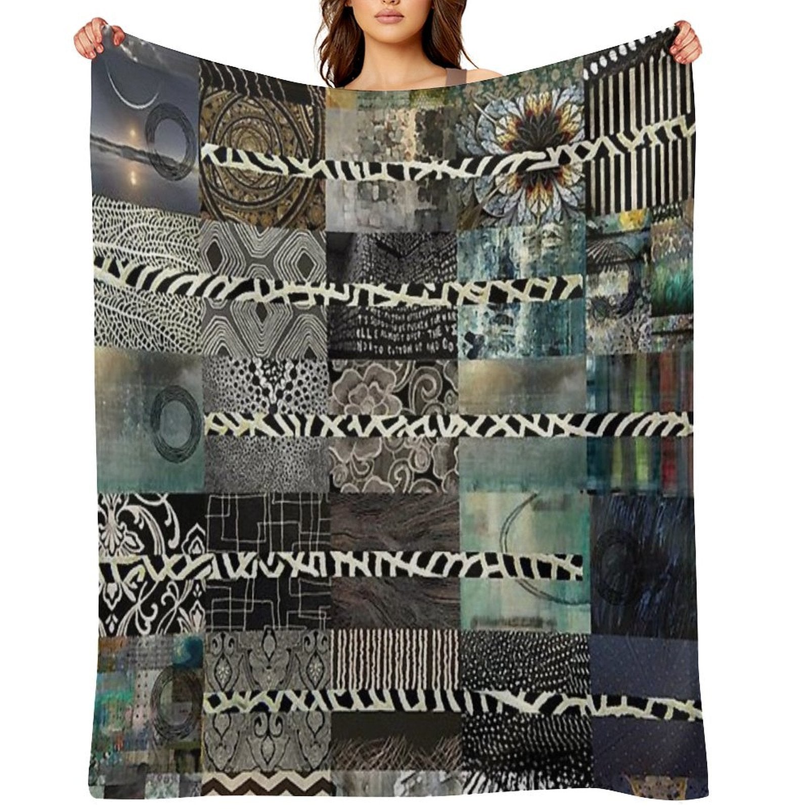 Black White And Grey Quilt Design Abstract Art Collage Sustainable Throw Blanket