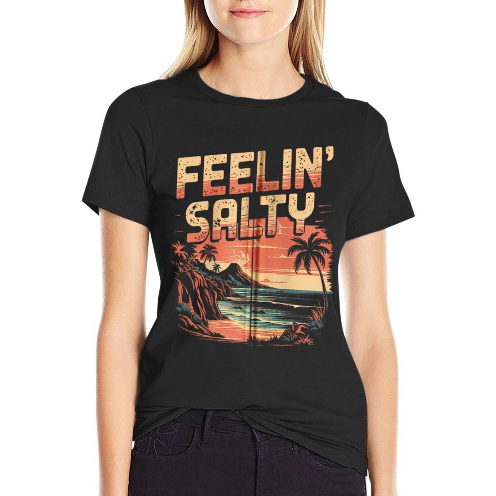 Feelin Salty Tshirt Beach Summer Vacation Vintage 70s Retro Zip  Trendy Pattern T-Shirt