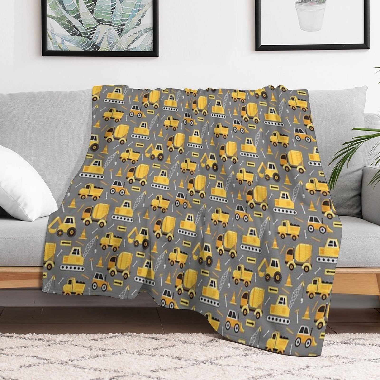 Construction Trucks on Gray Travel-friendly Throw Blanket