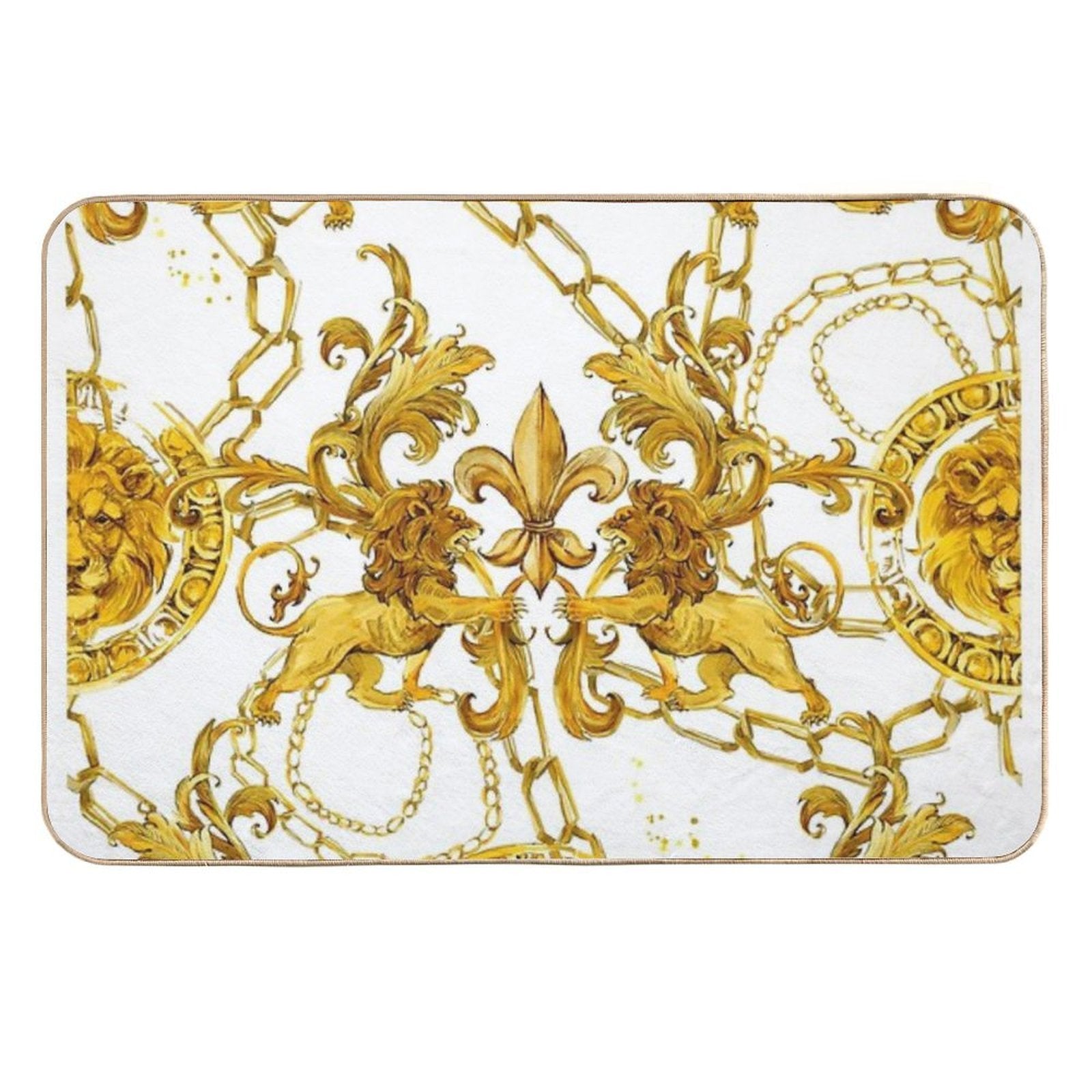 Golden Lion Baroque Seamless Pattern. Watercolor Vintage Gold Lace Ornament. Luxury Textile Print  Long-Lasting Bath Mat