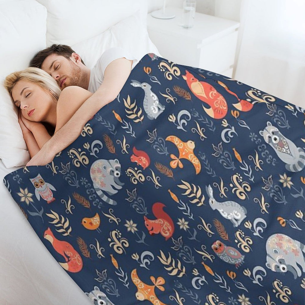 Fairy-tale Forest. Fox, Bear, Raccoon, Owls, Rabbits, Flowers And Herbs on A Blue Background. Anti-pilling Throw Blanket