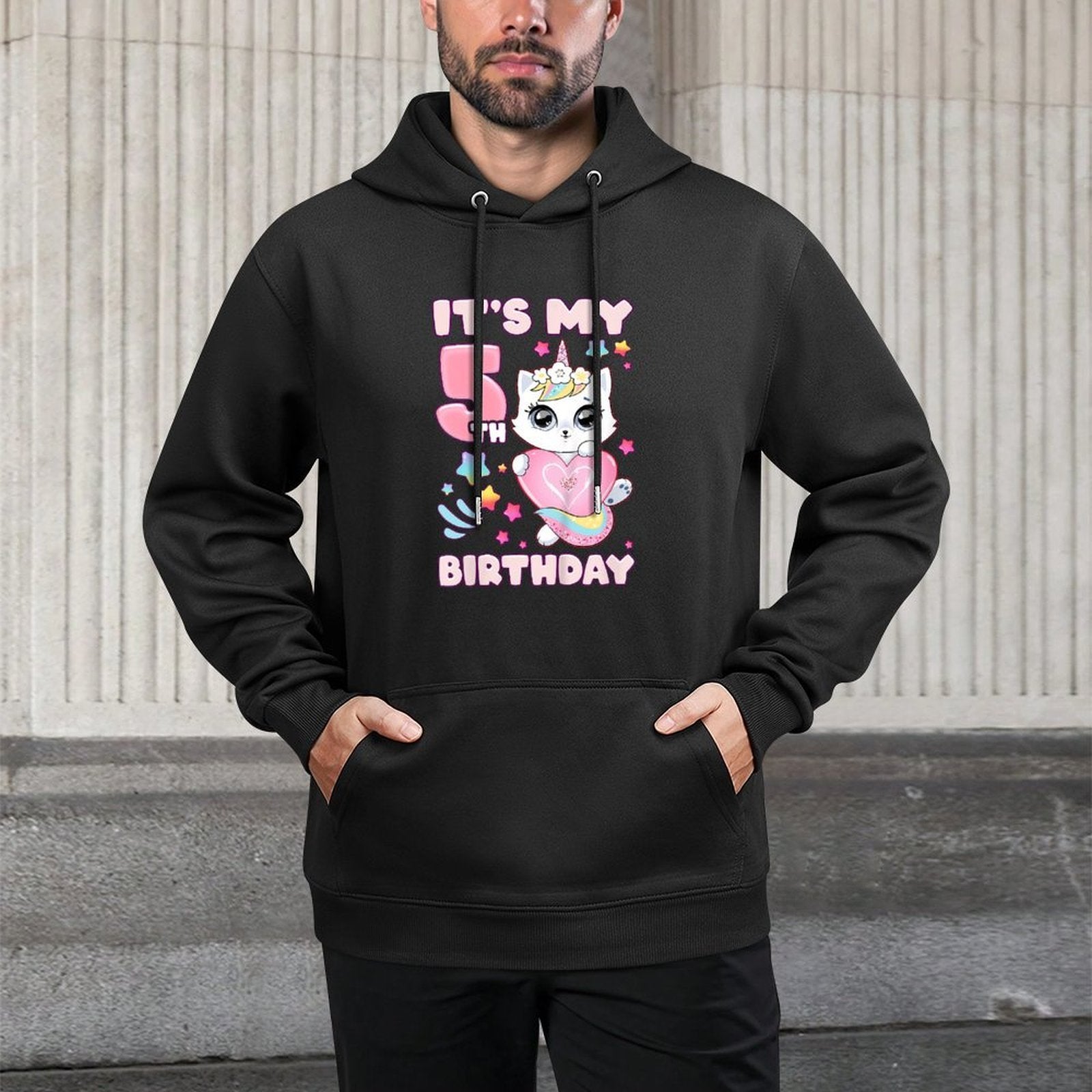 Kids Birthday Girl 5 Years Old, Cat, Unicorn, 5th Birthday Moisture-Wicking Hoodie