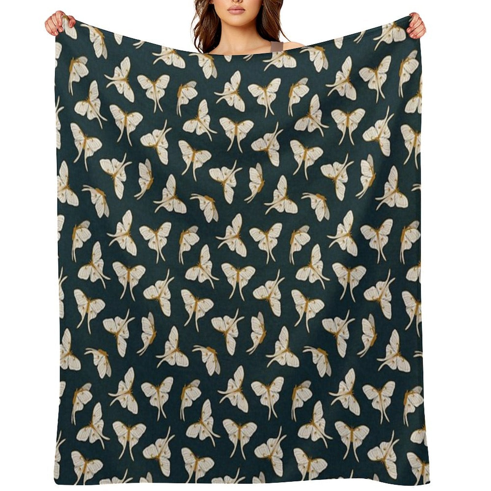 Luna Moth - Gold on Dark Teal Shrink-resistant Throw Blanket