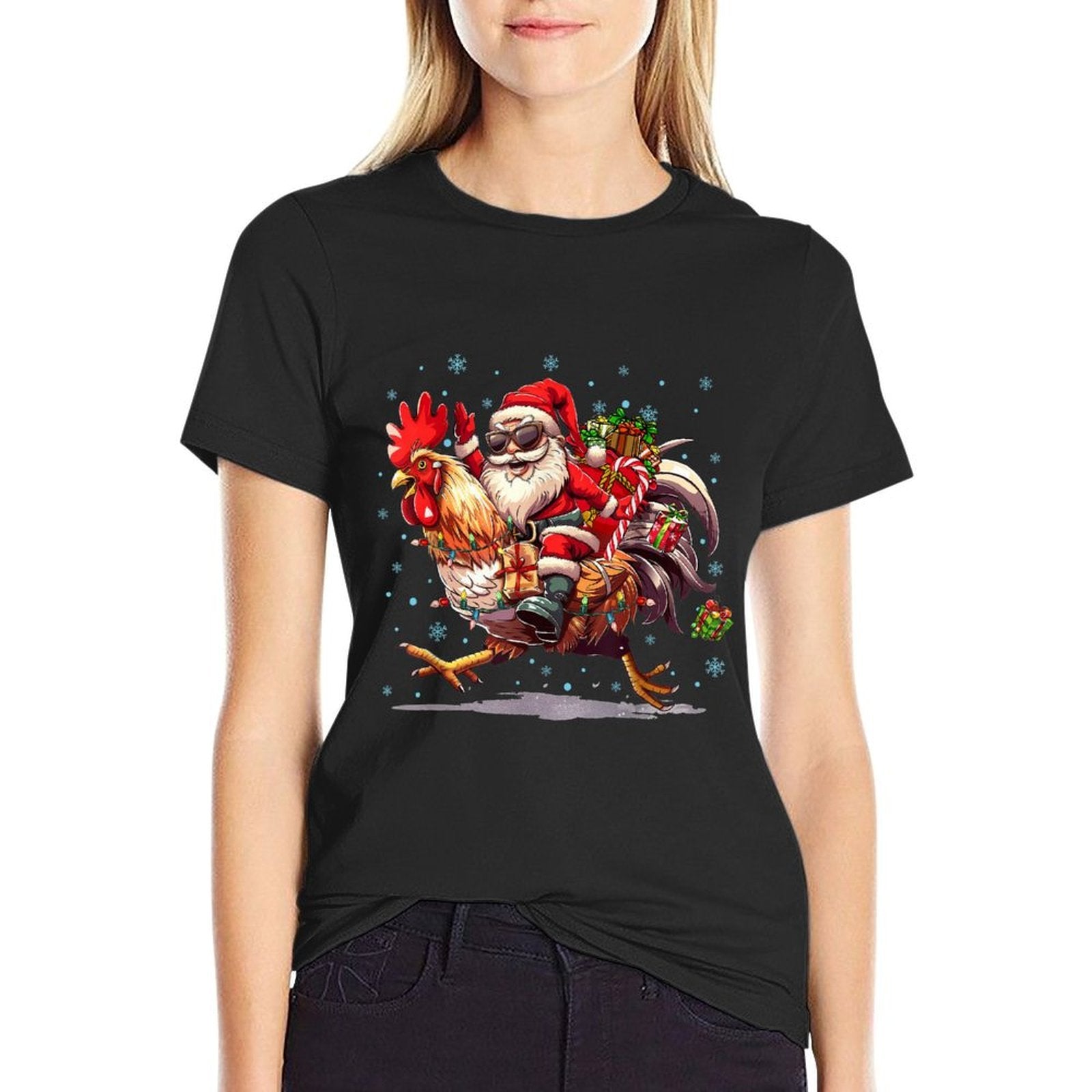 Ugly Christmas Santa Riding Chicken Christmas Tree Lights  Polyester Blend T-Shirt