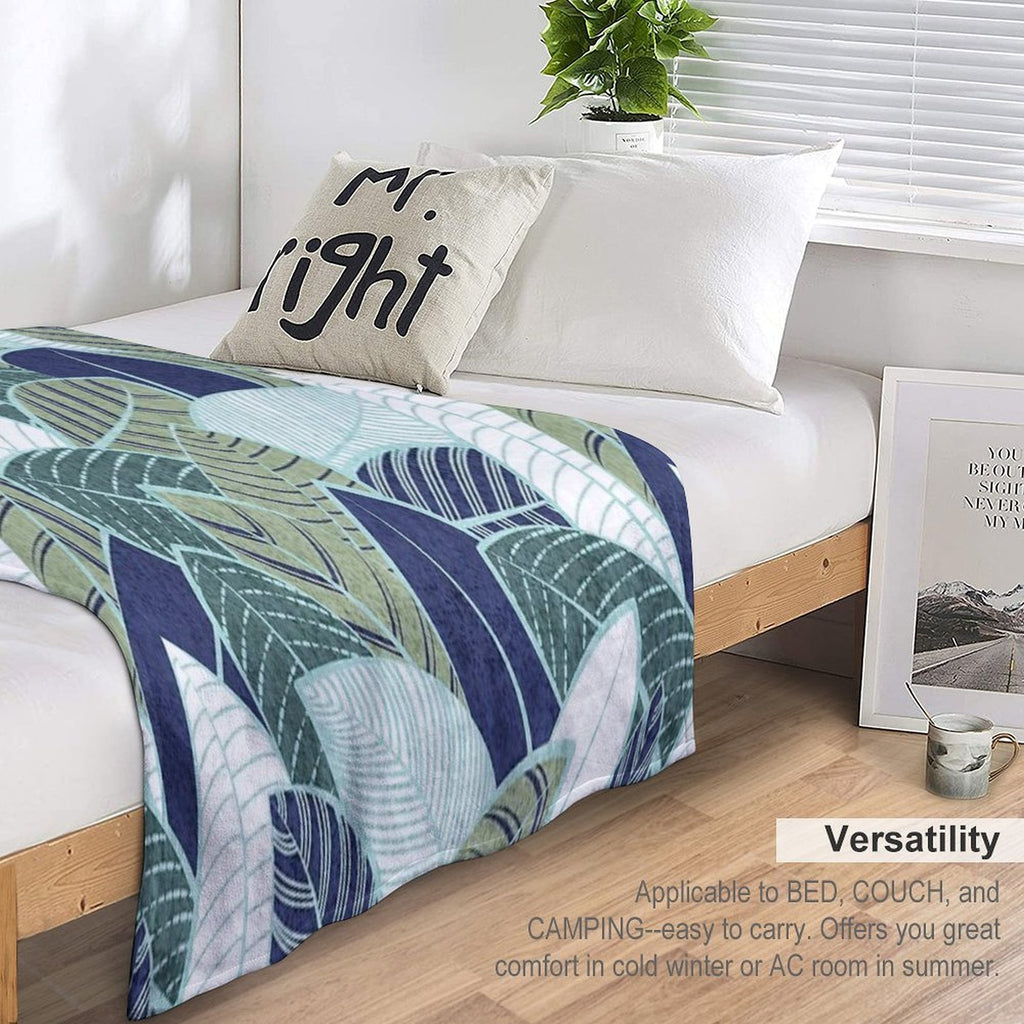 Leaf Wall  Navy Blue Pine And Sage Green Leaves Mint Lines Anti-pilling Throw Blanket
