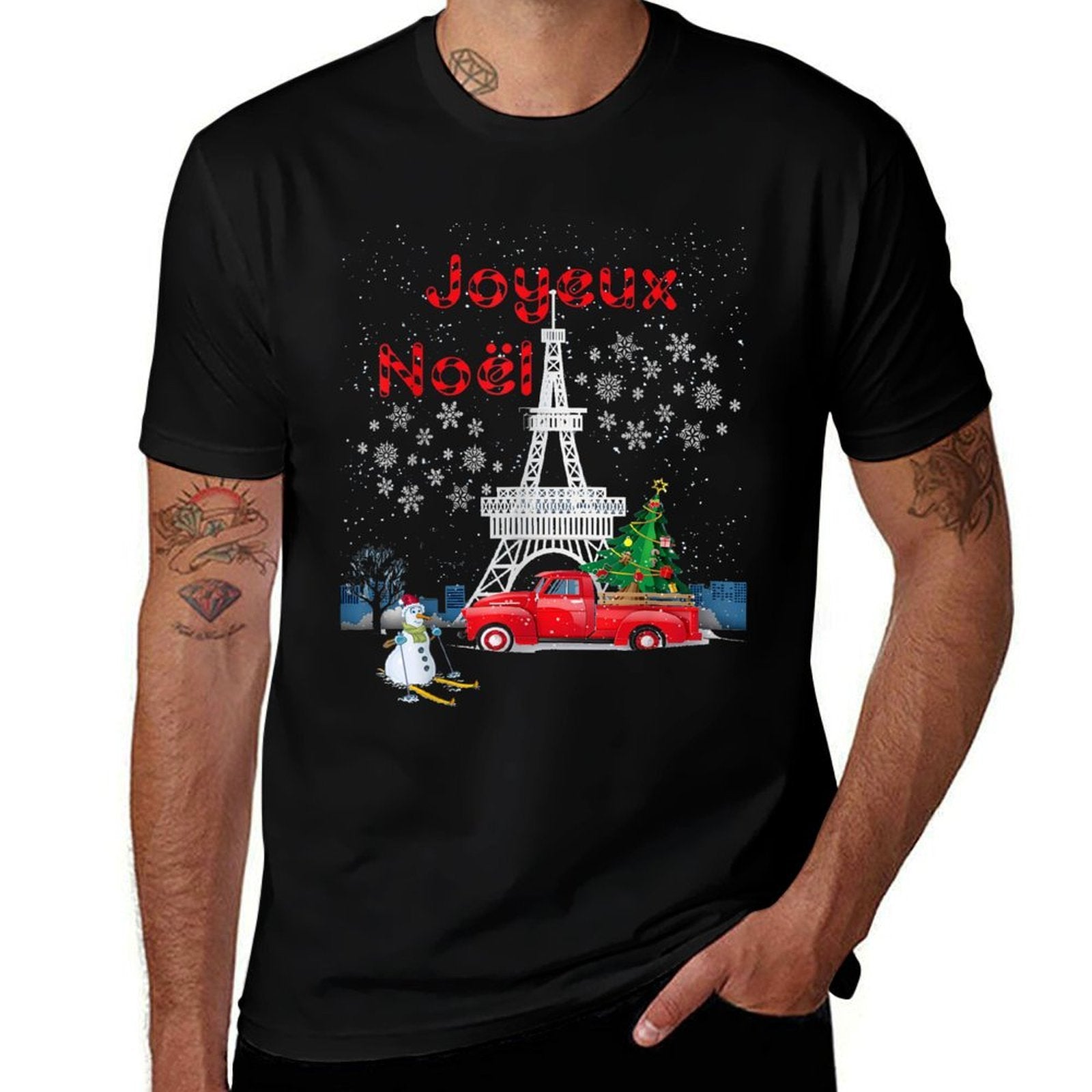 Paris Eiffel Tower Christmas Tree Red Truck Joyeux Noël Gift  Heathered Texture T-Shirt