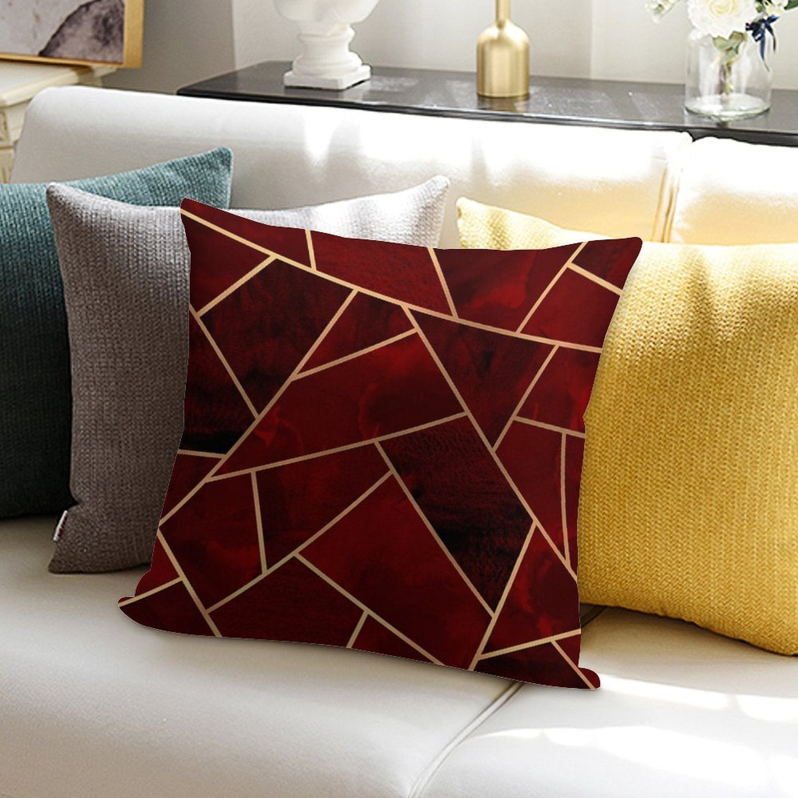 Red & Gold Geo Soft Reinforced Edging Throw Pillow