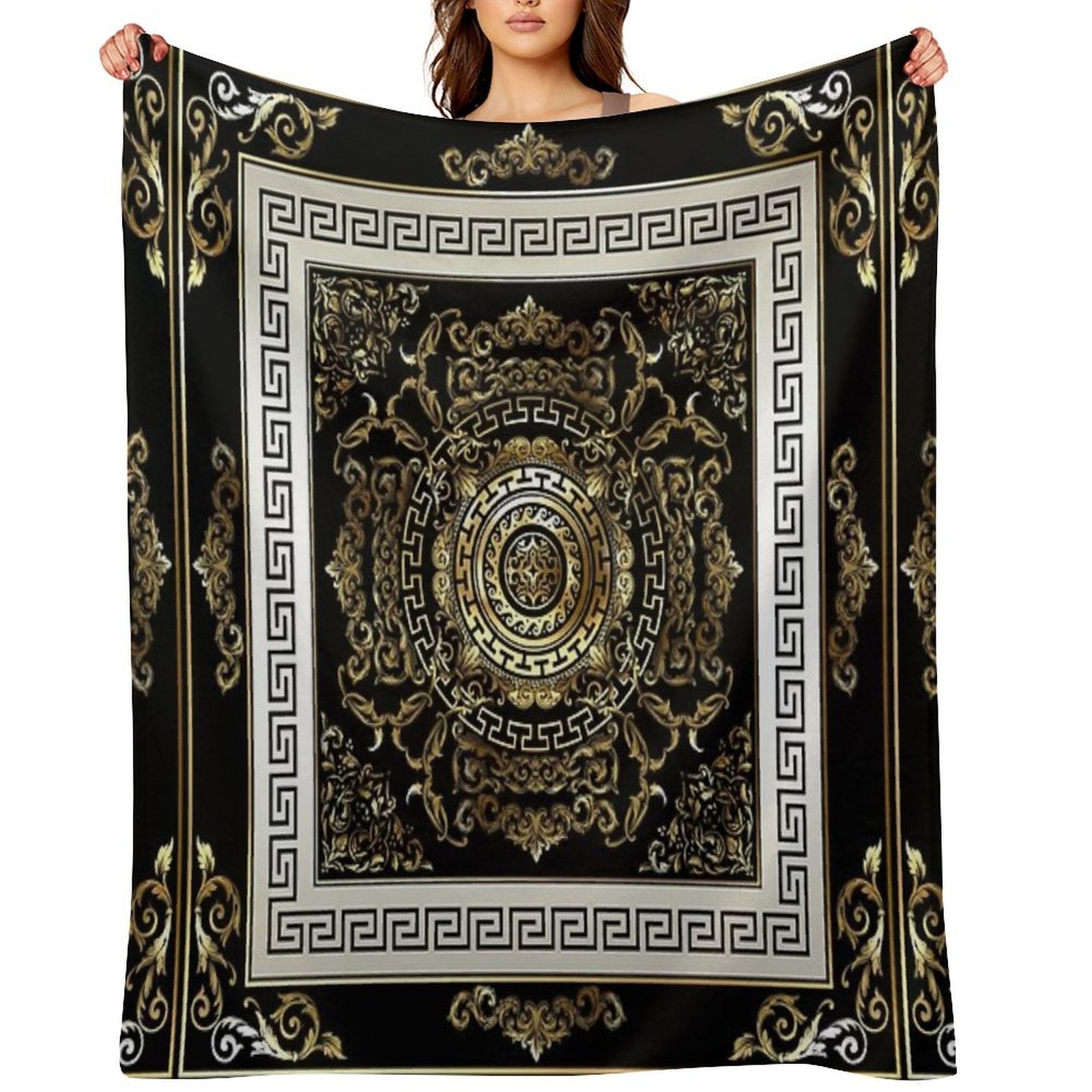 Ornate Baroque Filigree Black Cream Greek Key Meander Quick-dry Throw Blanket