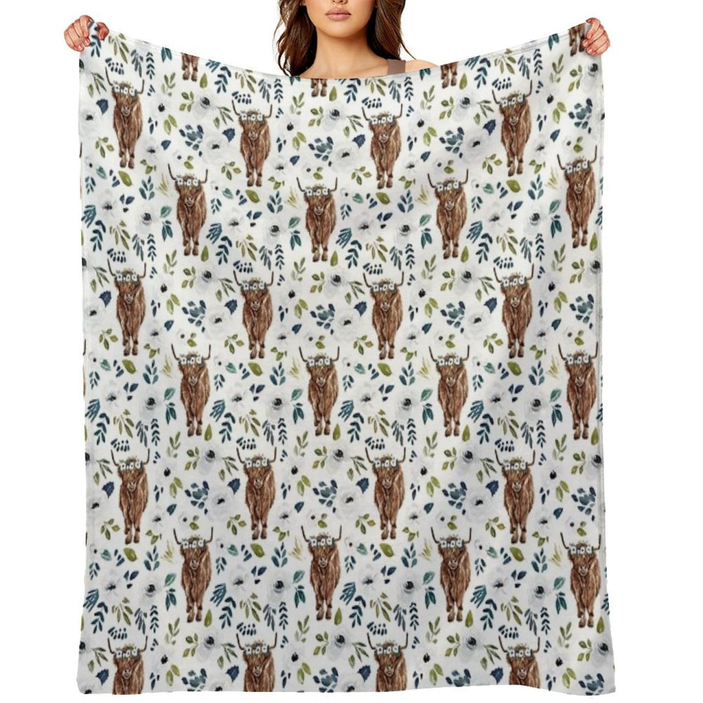 Highland Cow, Floral, Floral Crown, Cow Painting, Farmhouse Decor Shrink-resistant Throw Blanket
