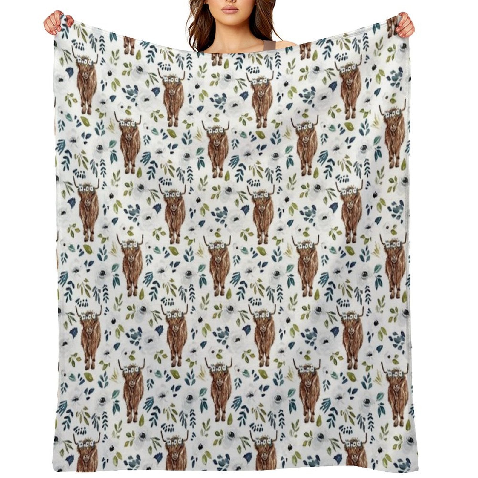 Highland Cow, Floral, Floral Crown, Cow Painting, Farmhouse Decor Shrink-resistant Throw Blanket