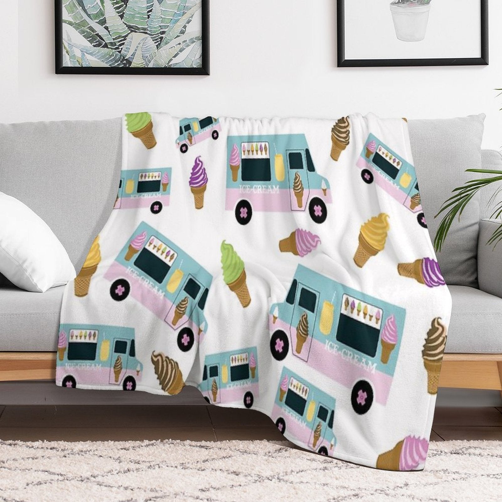 Retro Ice Cream Truck Pattern Sustainable Throw Blanket