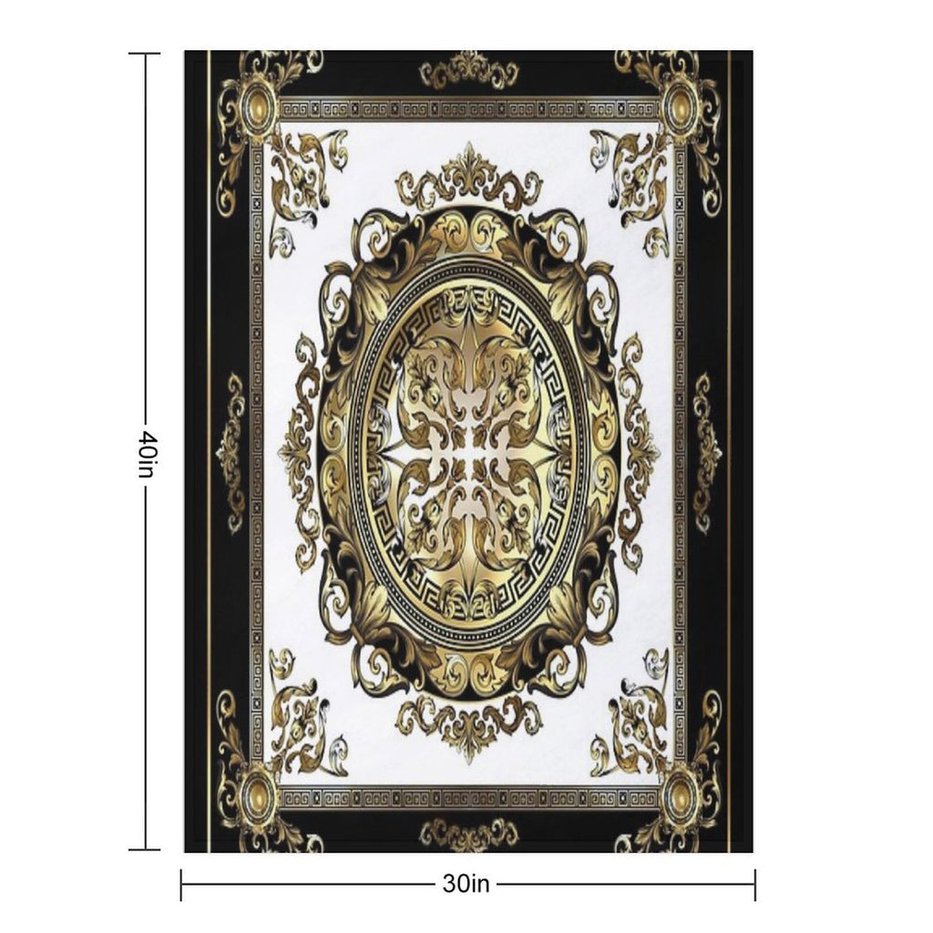 Ornate Baroque White Gold Black Greek Key Meander Compact Throw Blanket
