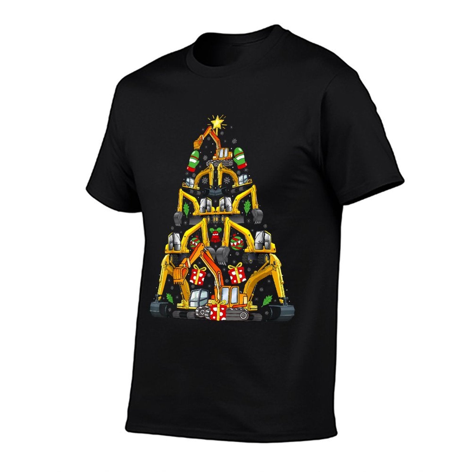 Excavator Christmas Tree Funny Vehicles Xmas Adult And Kids  Ribbed Collar T-Shirt