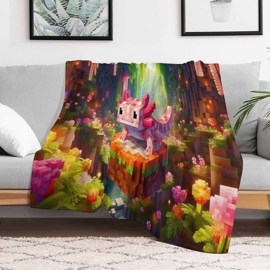 Cute Pink Minecraft Axolotl on Block Plush Throw Blanket