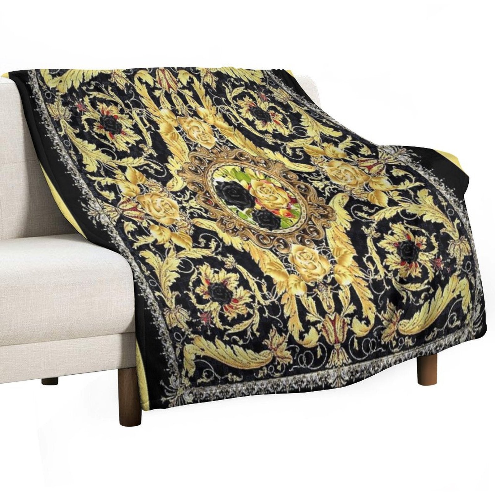 Black Roses And Vintage Baroque Italian  Jewelled Scroll Digital Art Edit Mysticladyart Premium Throw Blanket