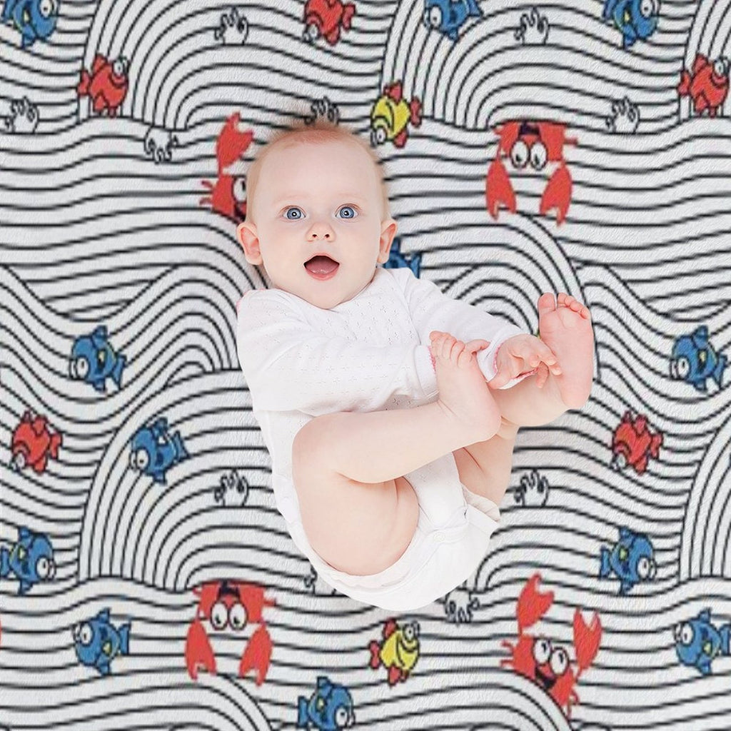Grafic Waves from Stripes with Fish And Crabs. Sea Seamless Pattern. Premium Throw Blanket