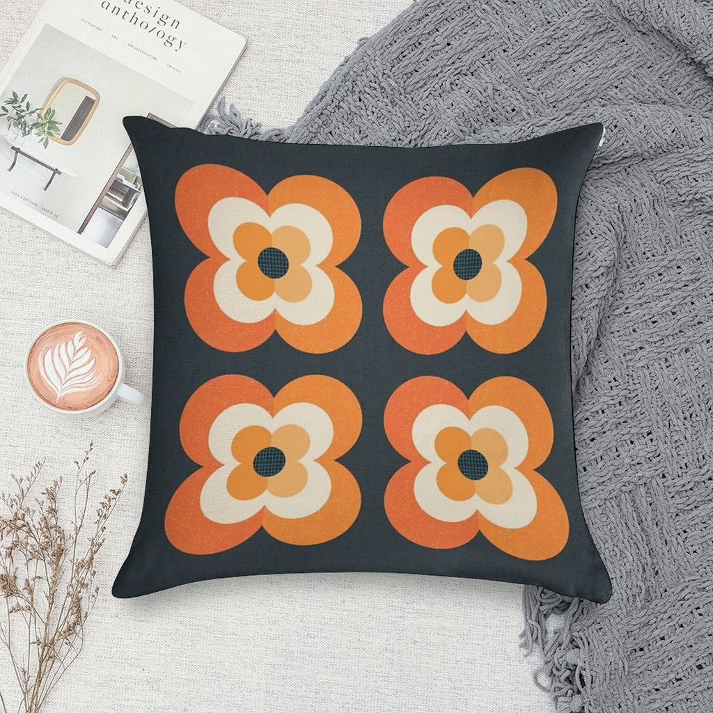 Retro Flowers - Orange And Charcoal Soft Easy Maintenance Throw Pillow