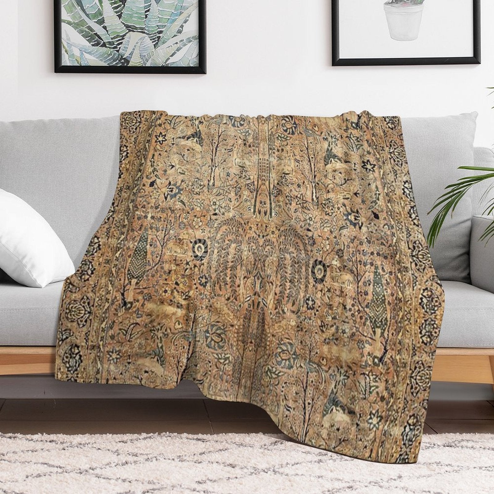Antique Persian Kirman Garden Rug with Animals Print Durable Throw Blanket