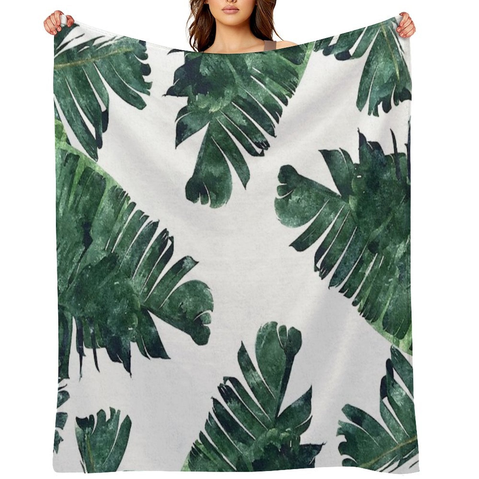 Banana Leaves Watercolor Painting, Tropical Botanical Jungle Nature Minimal Vibrant Modern Bohemian Illustration Shrink-resistant Throw Blanket