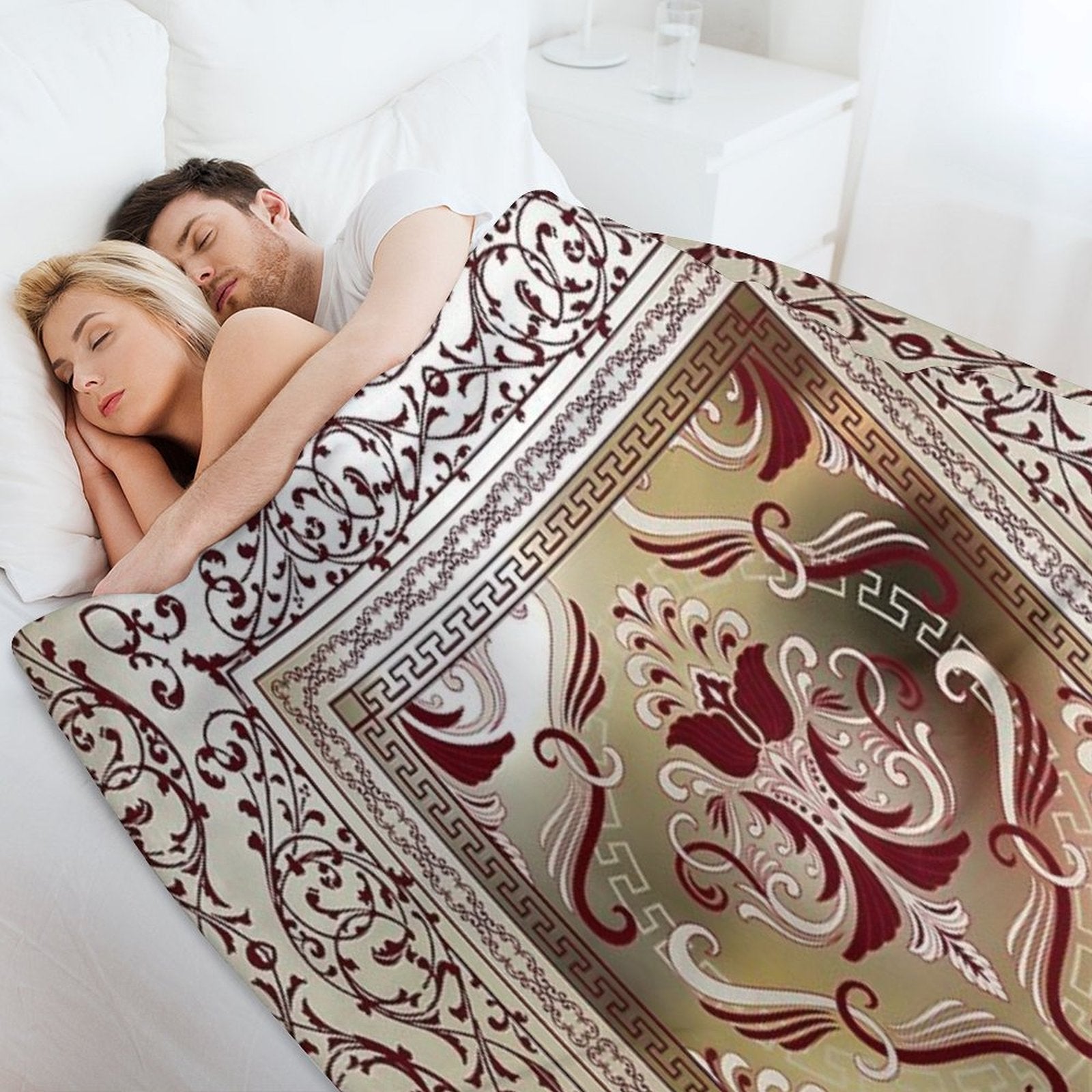Maroon Baroque Ornate Floral Greek Key Velvety-soft Throw Blanket