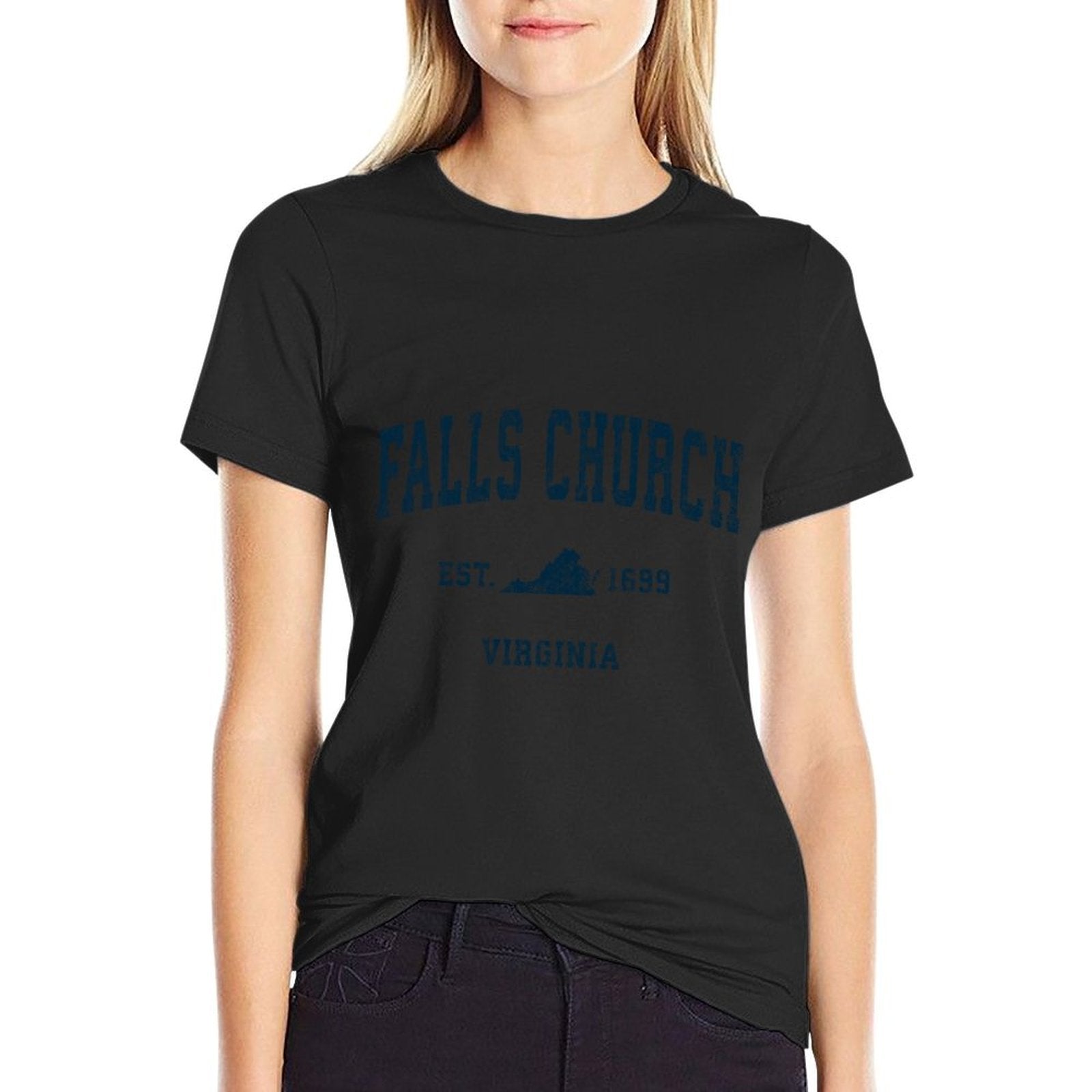 Falls Church Virginia VA Vintage Sports Design Navy Print Sweatshirt  Cotton T-Shirt