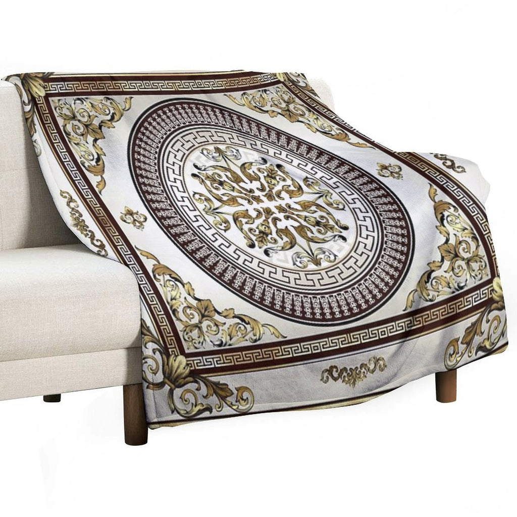 Baroque Ornate Cream Gold Brown Greek Key Premium Throw Blanket