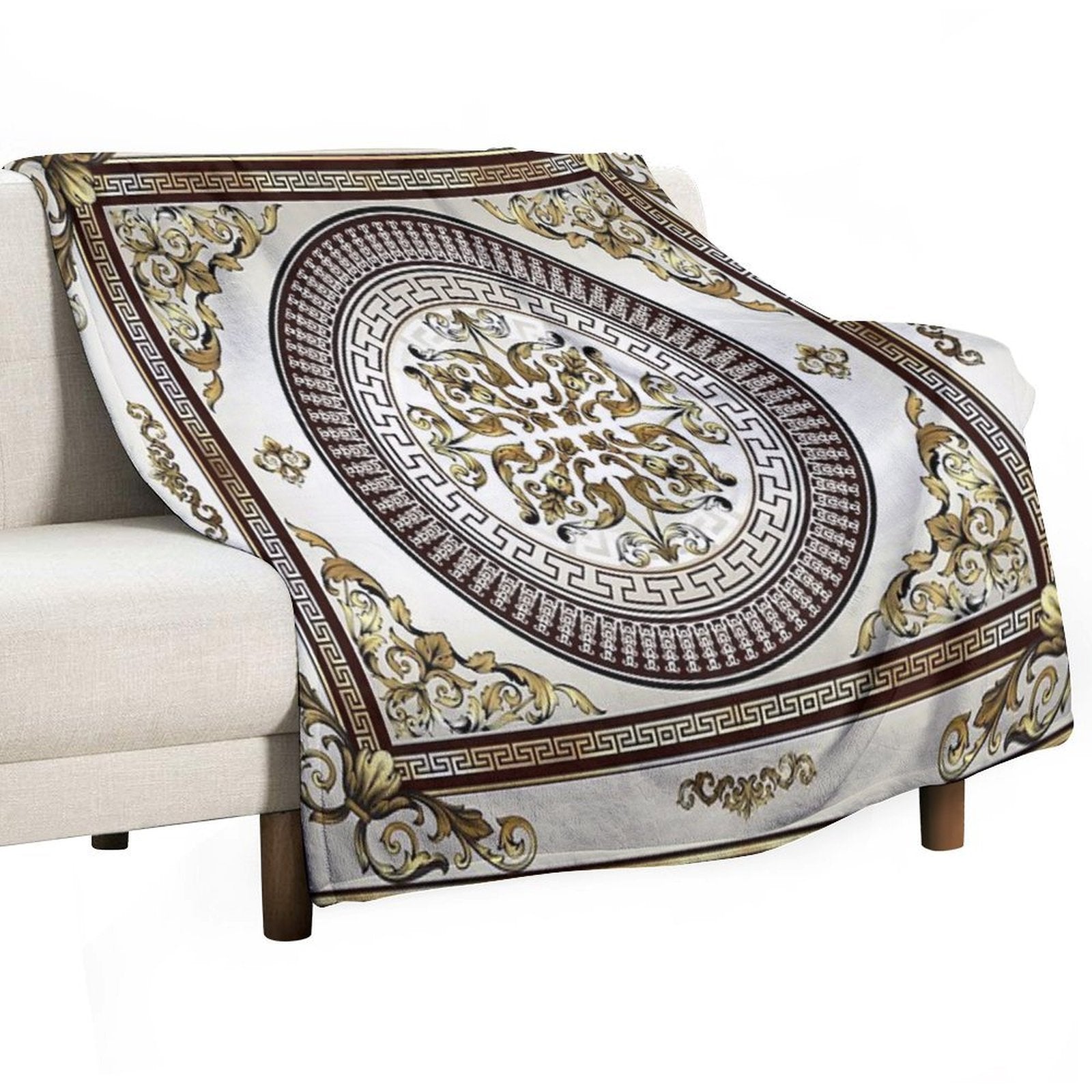 Baroque Ornate Cream Gold Brown Greek Key Premium Throw Blanket