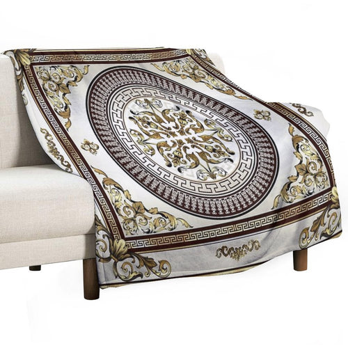 Baroque Ornate Cream Gold Brown Greek Key Premium Throw Blanket