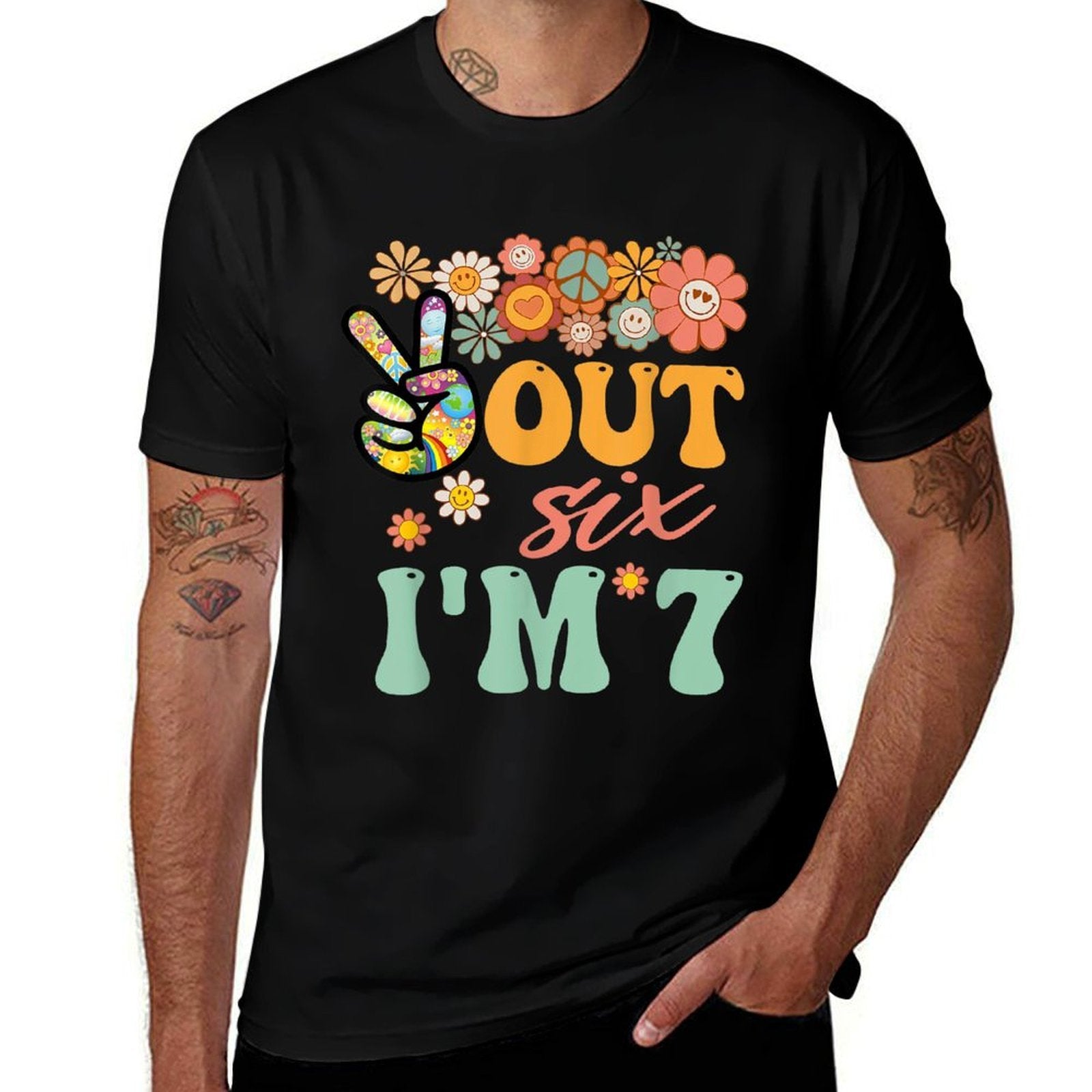 Peace Out Six Im 7 Groovy 7th Happy Birthday Boy Girl  Durable T-Shirt