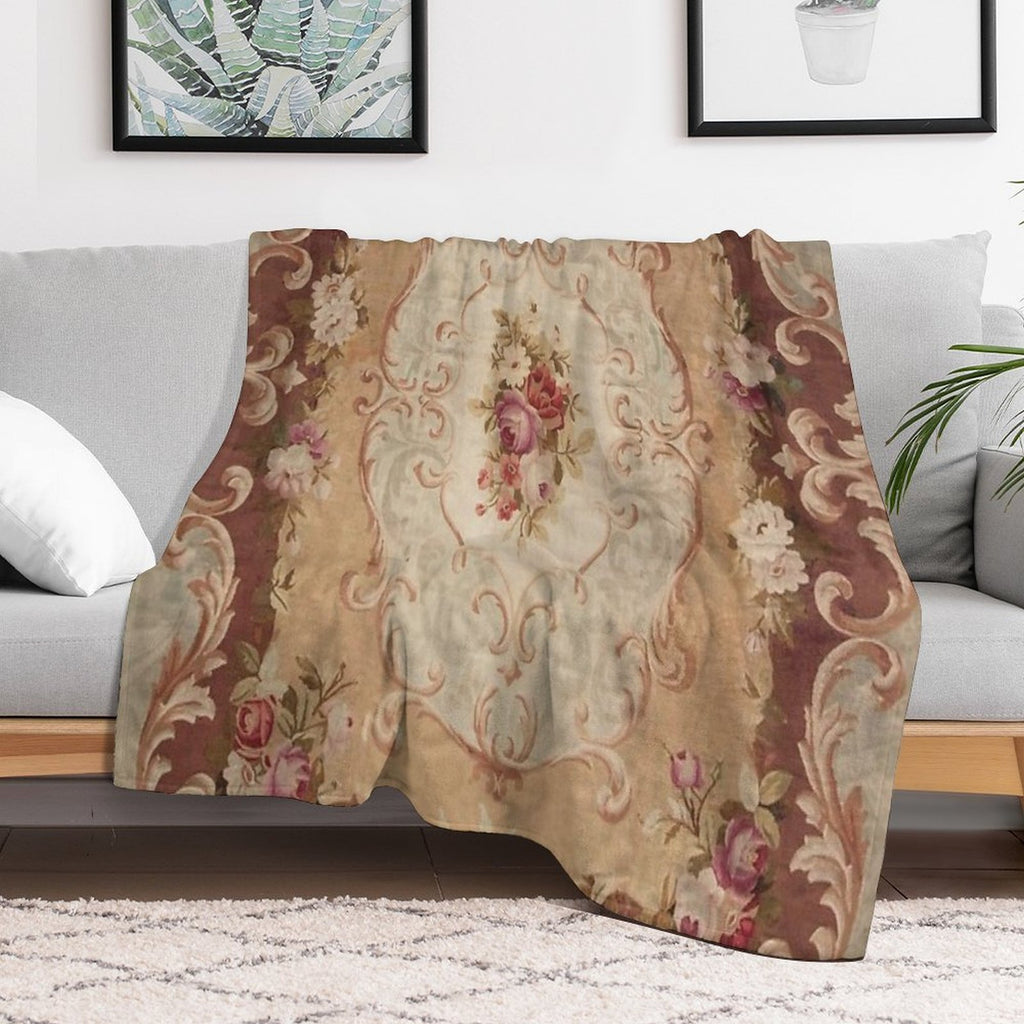 Antique Rose Floral French Aubusson Rug Print Premium Throw Blanket