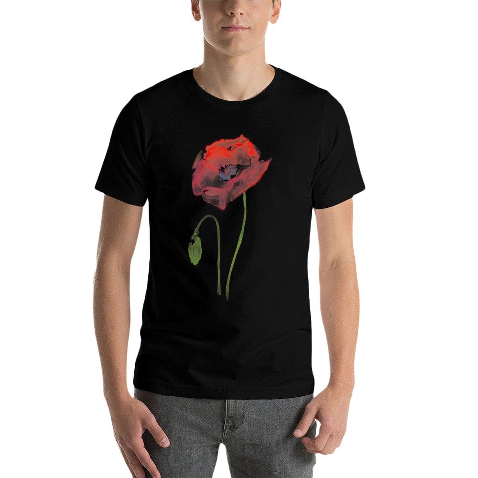 Red Poppy Watercolor Floral T-shirt  Tagless Design T-Shirt