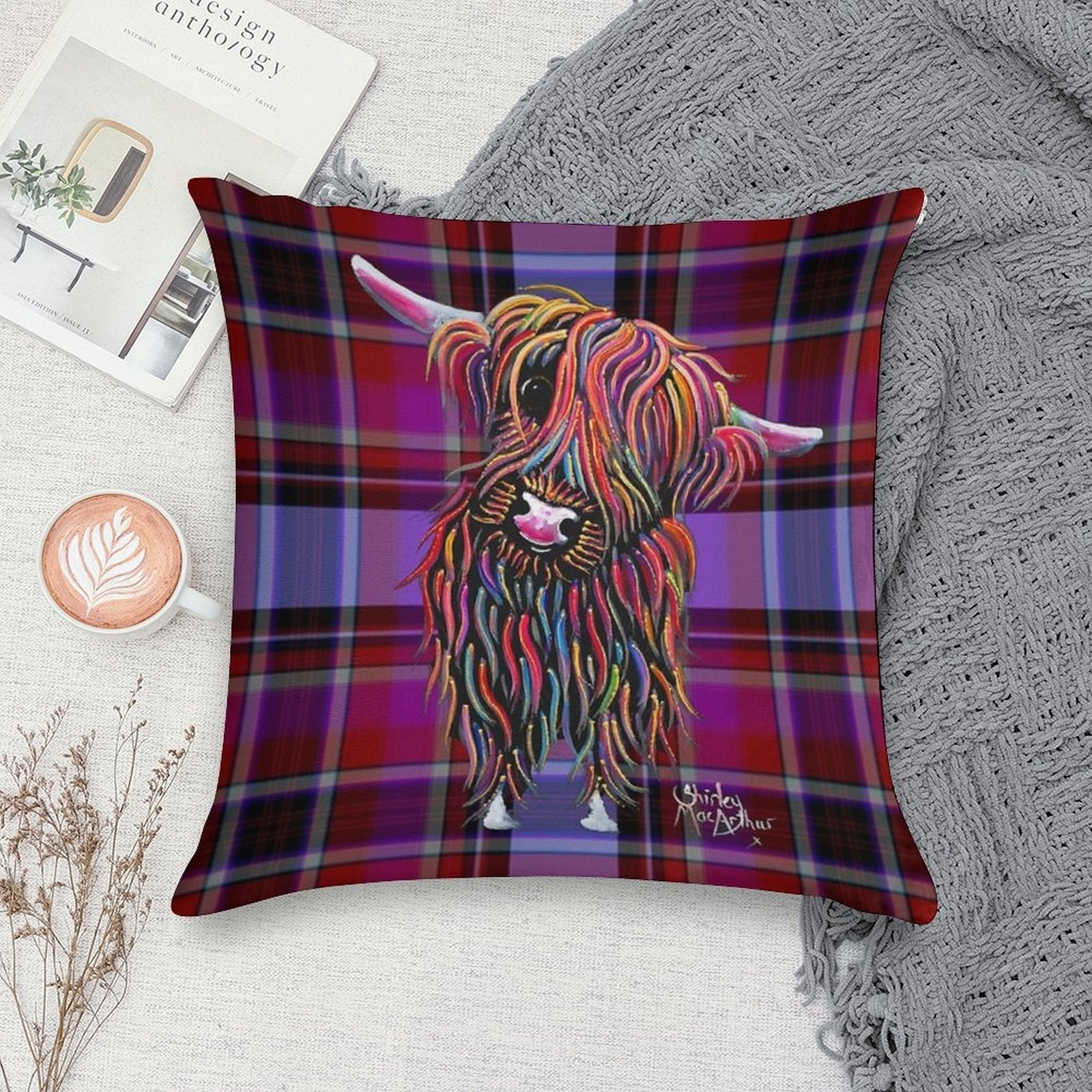 SCoTTiSH HiGHLaND CoW ' TaRTaN BoLLY P ' BY SHiRLeY MacARTHuR Soft Luxury Feel Throw Pillow