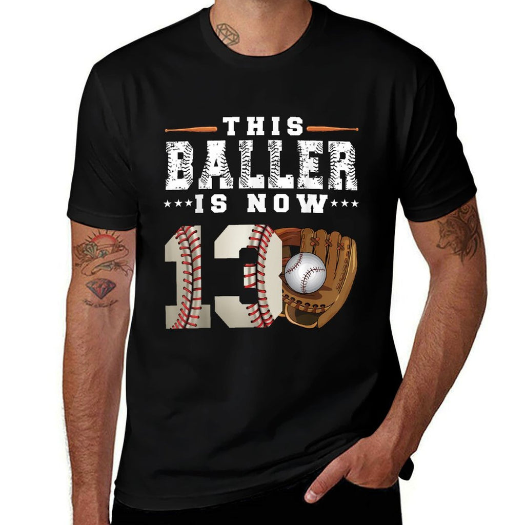 13 Years This Baller Is Now 13 Kids Baseball 13th Birthday  Ribbed Collar T-Shirt
