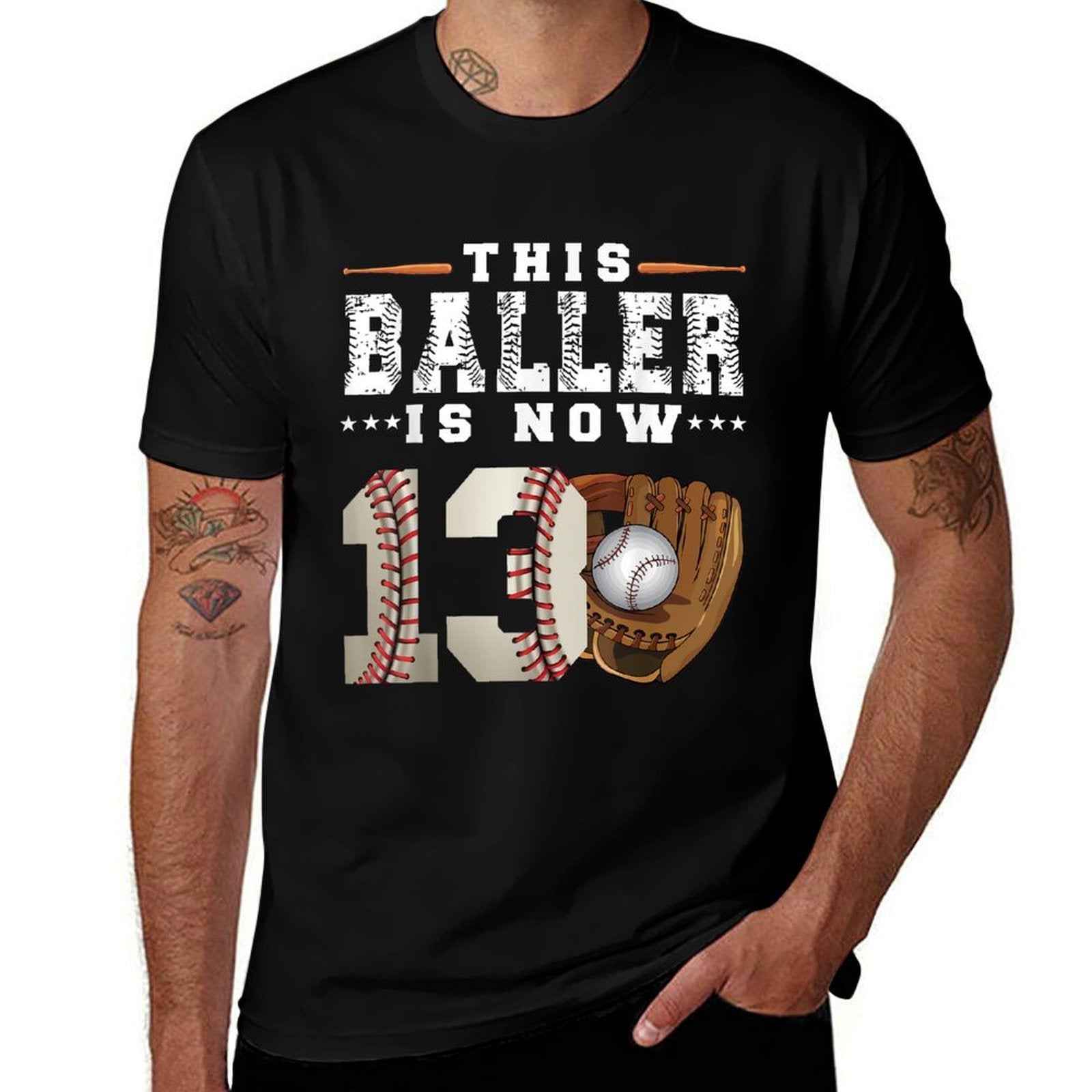 13 Years This Baller Is Now 13 Kids Baseball 13th Birthday  Ribbed Collar T-Shirt