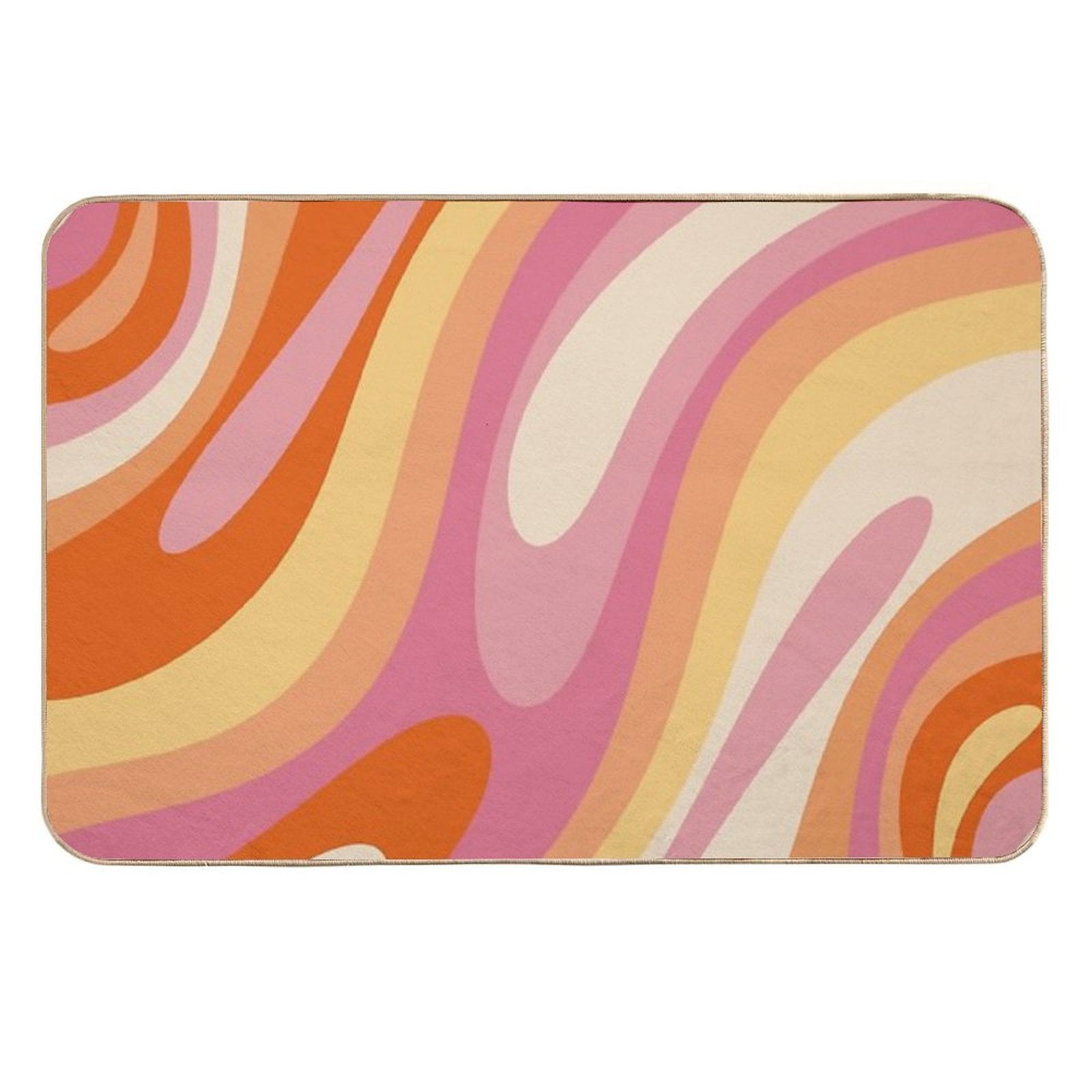 Wavy Loops Retro Abstract Pattern in Retro Orange Yellow Thulian Pink Cream  Easy To Clean Bath Mat