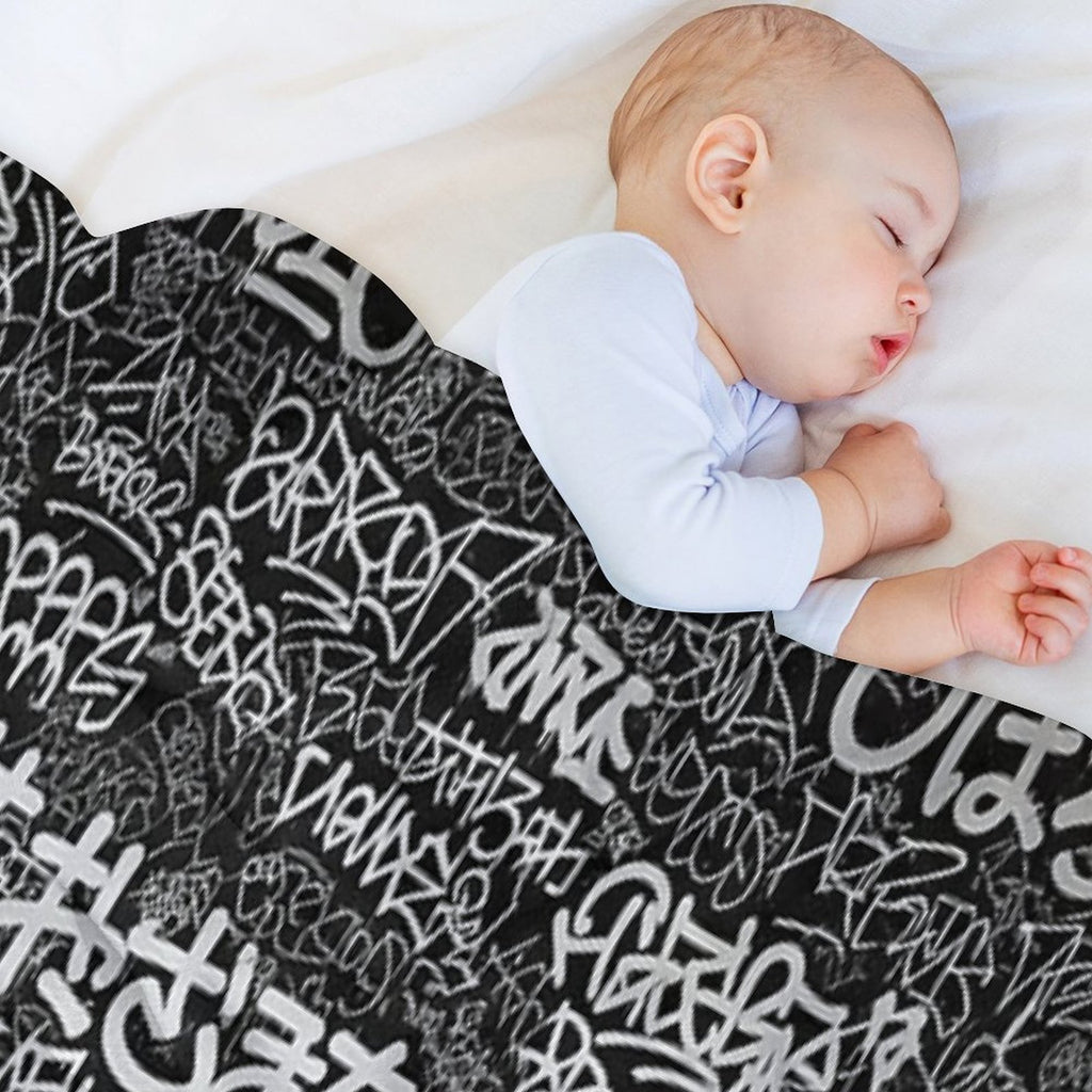 Black & White Doodle Graffiti Japanese Positive Words Tag Art Machine-washable Throw Blanket