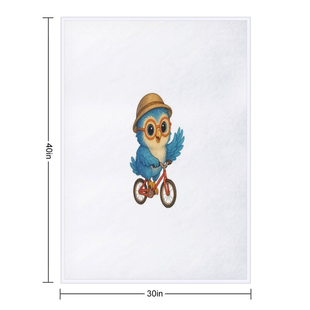 Cute Blue Owl Riding A Bicycle – Kawaii Cartoon Animal Adventure Sustainable Throw Blanket