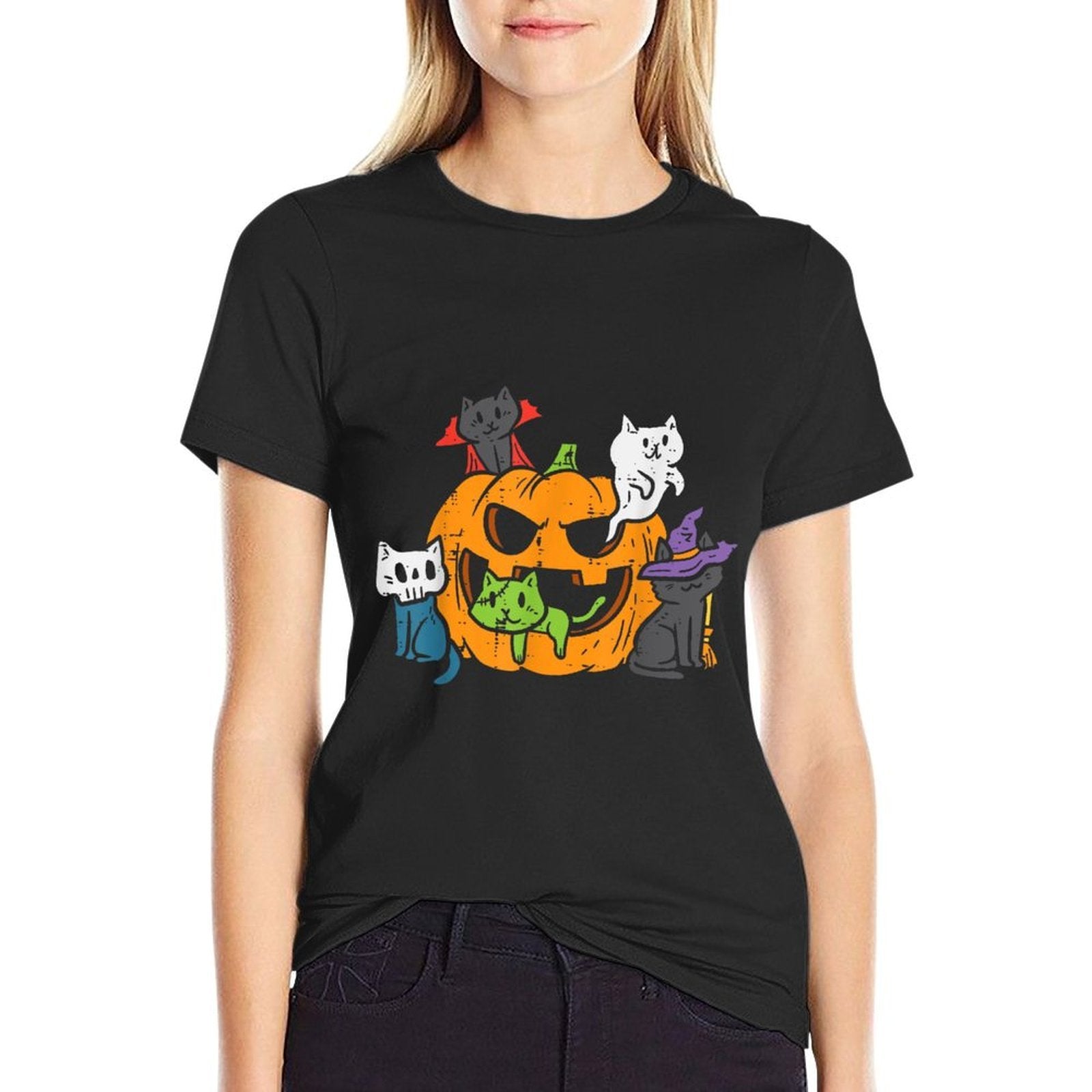 Vampire Ghost Zombie Witch Cats In Pumpkin Cute Halloween  Ribbed Collar T-Shirt