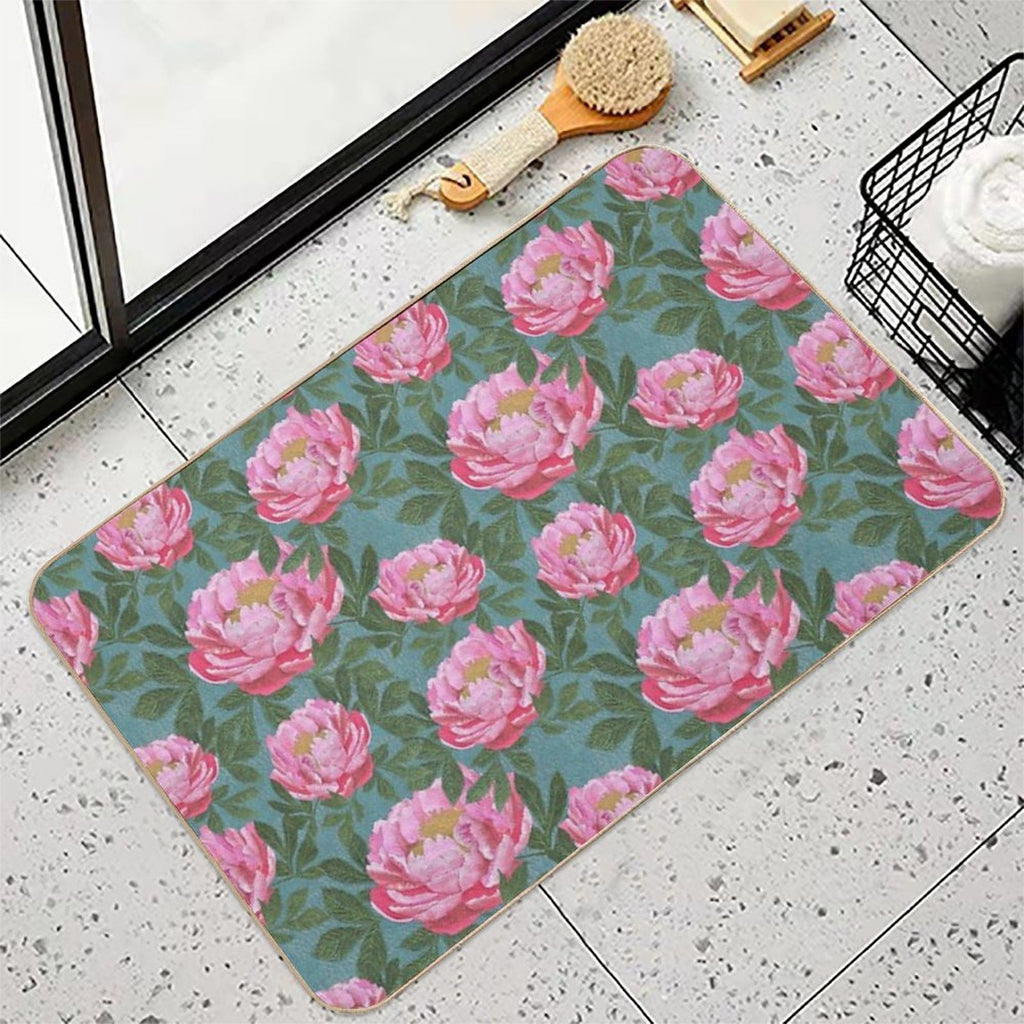 Peony on Teal  Non-Slip Bath Mat