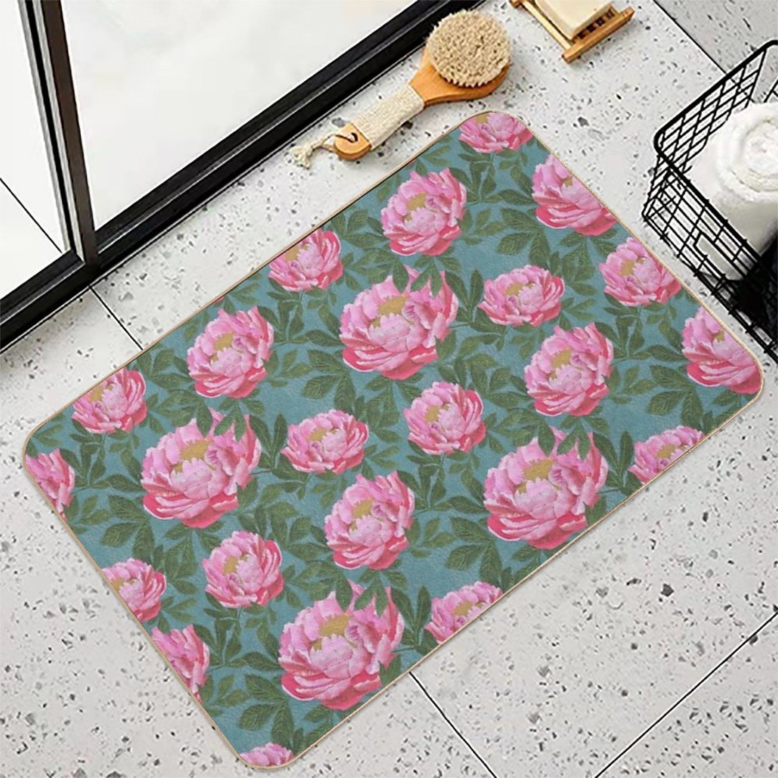 Peony on Teal  Non-Slip Bath Mat