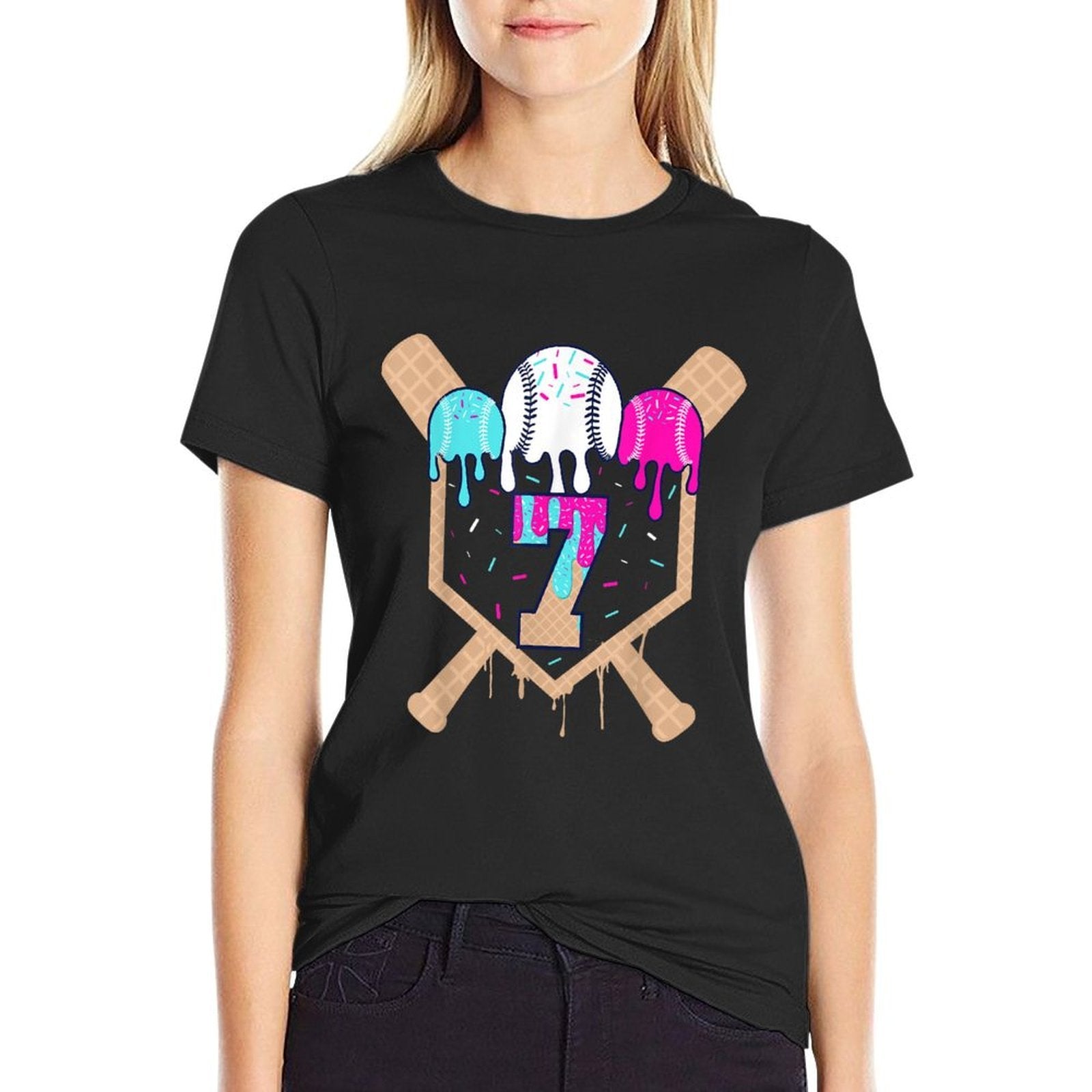 Baseball 7 Year Old Ice Cream Drip 7th Birthday Boy Number 7  Vintage-inspired T-Shirt