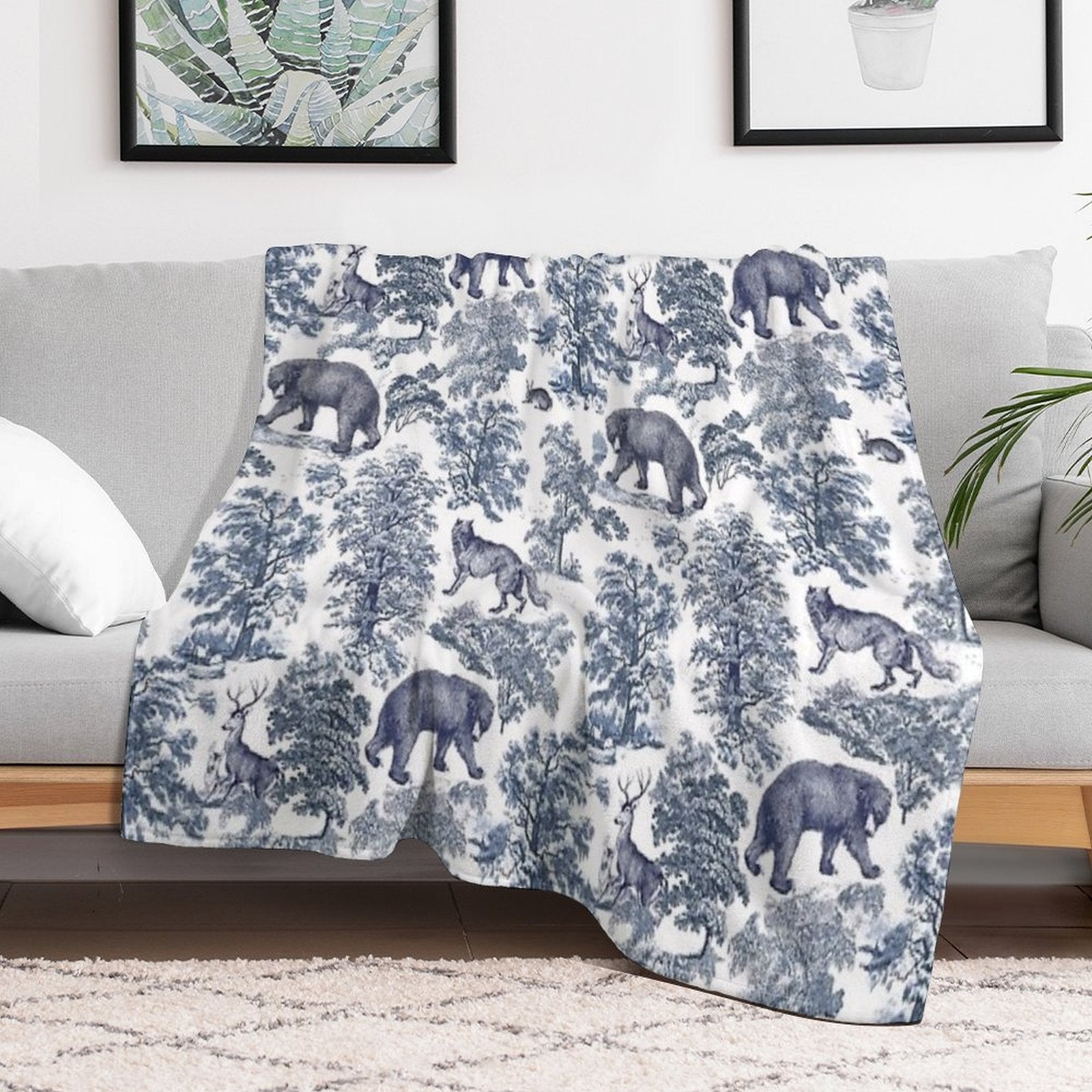 Elegant Vintage Blue Bear Forest Animals Toile Pattern Travel-friendly Throw Blanket