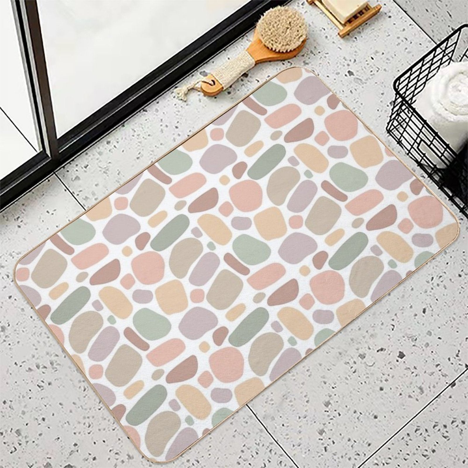 Boho Abstract Free-Form Pattern  Terracotta And Pastel Organic Shapes  Anti-Trip Bath Mat