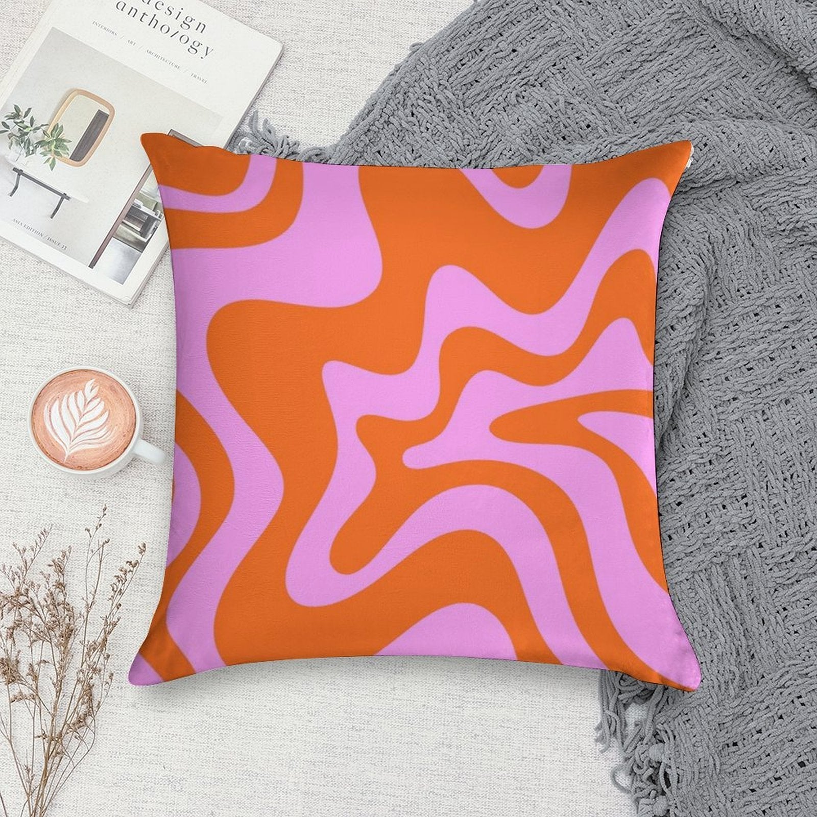 Retro Liquid Swirl Abstract Pattern Square in Hot Pink And Red-Orange Soft Washable Throw Pillow