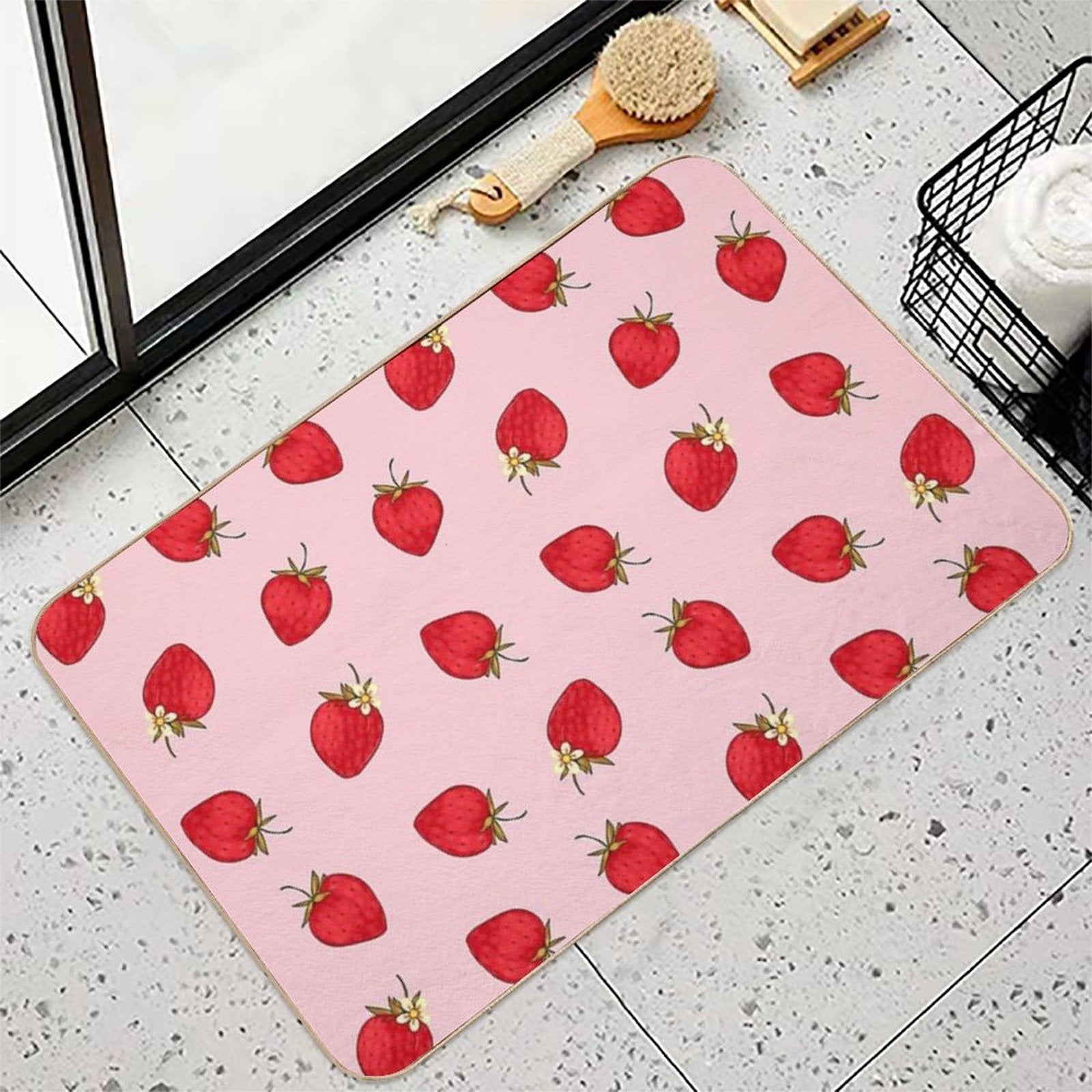 Cute Strawberries Pattern Red Pink Pastel Aesthetic  Easy Maintenance Bath Mat