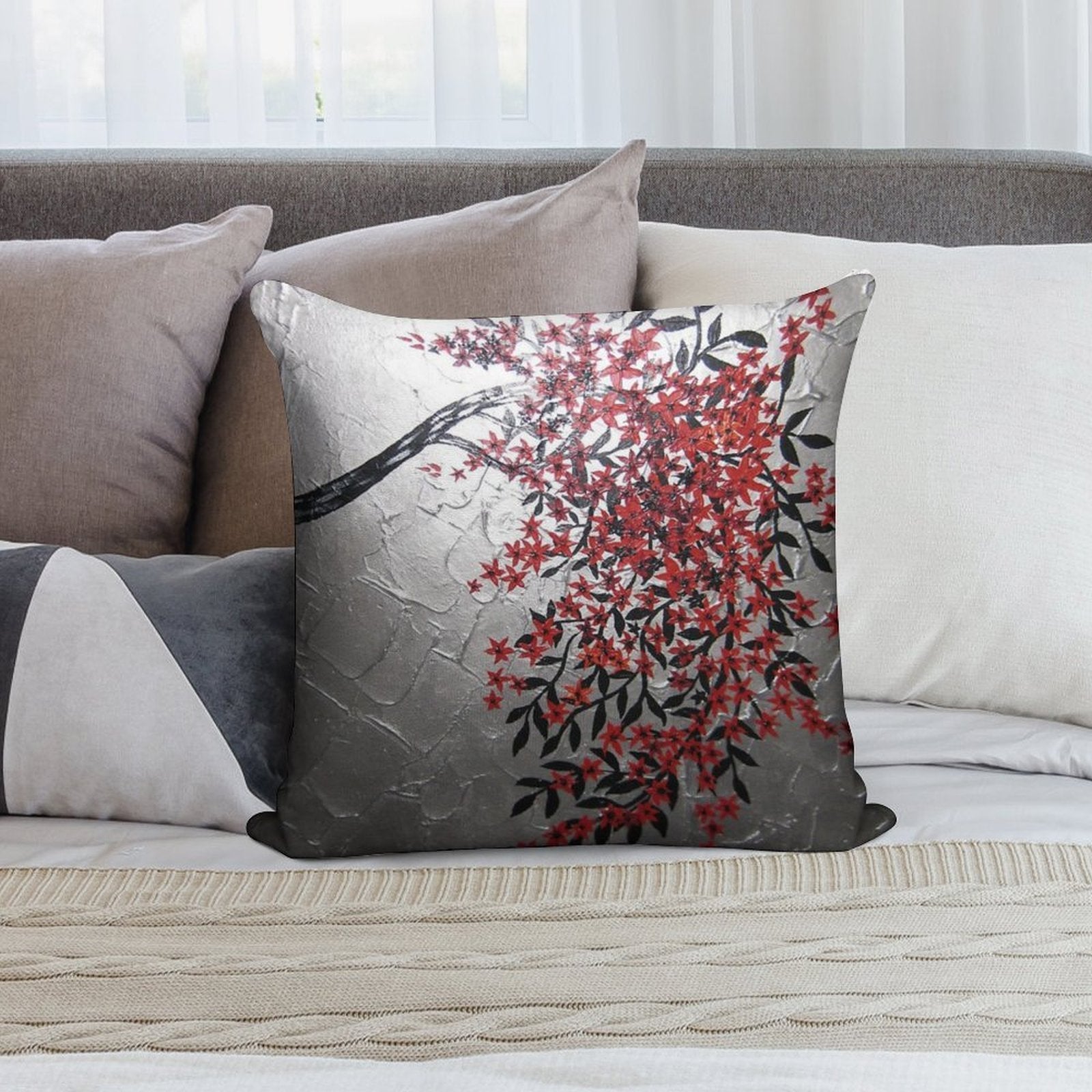 Red Black And Silver Cherry Blossom Tree Art Soft Shrink-Resistant Throw Pillow