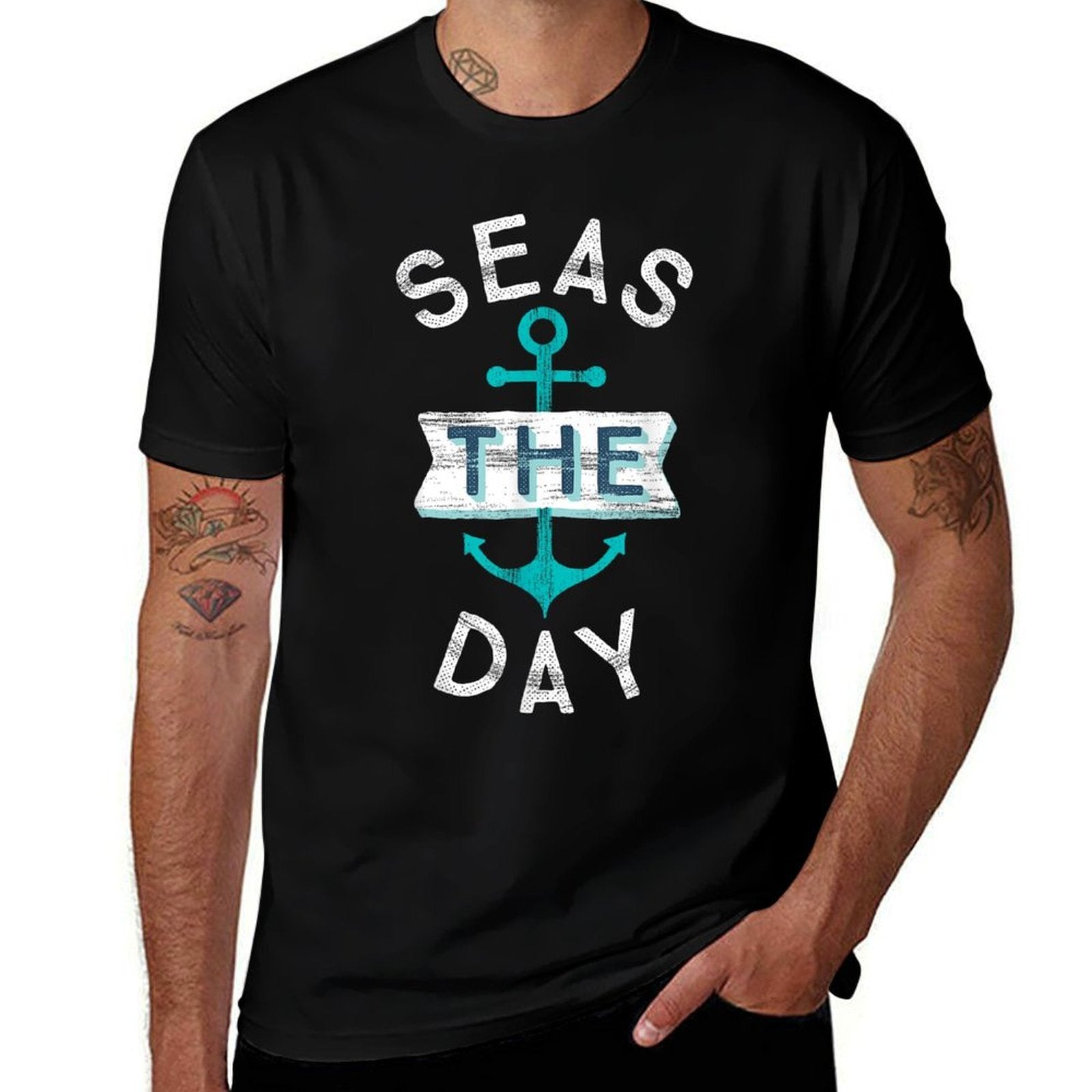 Funny Cruise Saying Seas Day Teal Nautical Anchor Gift  Tagless Design T-Shirt
